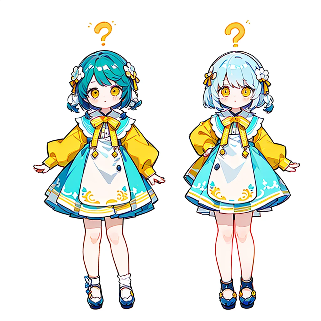 ((tmasterpiece))、(((top-quality))、(CharacterDesignSheet、Same character、gauges、Across、A sole)、illustratio、1 rapariga、、By bangs、yellow eyes、environment change scene、hairstyle fax、Pose Jitai、femele、Light blue hair、twosideup、There is a light blue ribbon on the head、Witch outfit、(simple background、White background:1.3)、