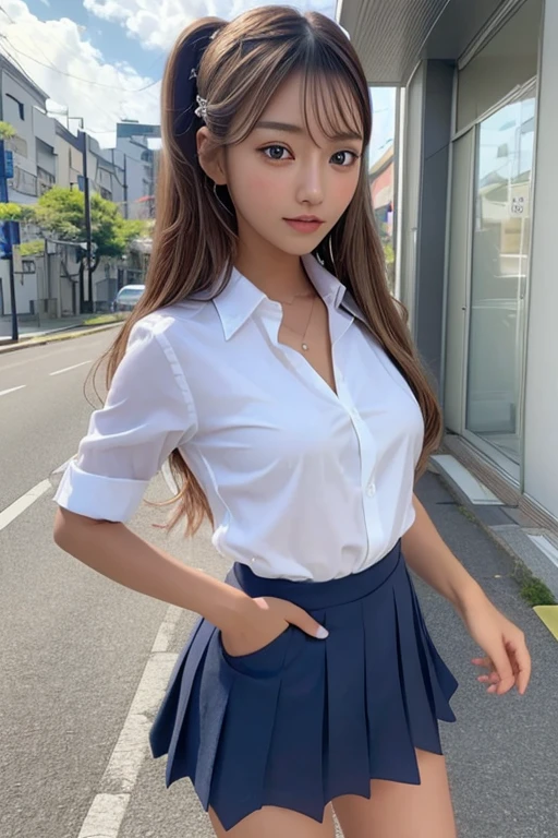 ((日本のギャルのgirl)), (a beauty girl), delicate girl:1.3), (12 years old:1.3), break,(Fox Ears)、 (High school girl wearing summer uniform), break, Very good transparency, (Symmetrical eyes:1.3), break, (On the streets of Shibuya), break, ((Small breasts)), Brown eyes, ((Gal Hairstyles)) , girl, break, (Eye and facial details:1.0), break, (masterpiece, Highest quality, Very detailed, Detailed face, 8k)、((Unbutton your shirt))、((Unbutton your shirt))、((View your viewers))、(Dynamic Movement)