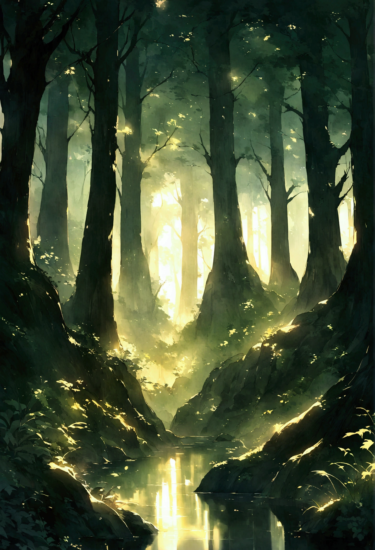 Amazing works of art,Ancient forest at dusk,The towering trees bathe in soft,The light shines through the leaves, peaceful, slightly haunting atmosphere, fantasy, mythical,