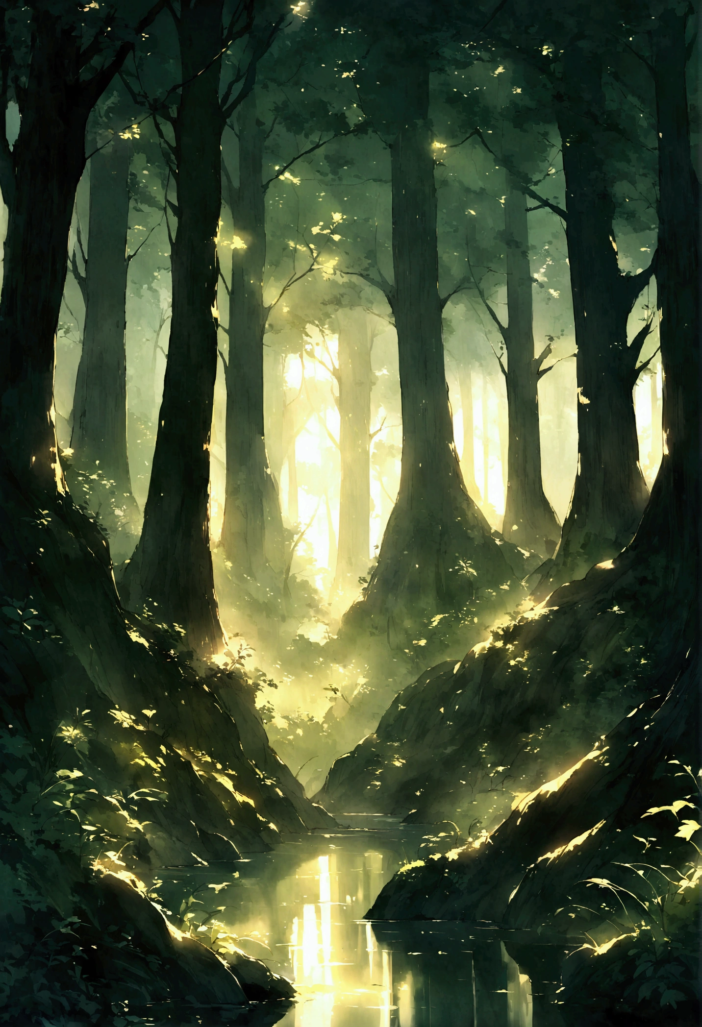 Amazing works of art,Ancient forest at dusk,The towering trees bathe in soft,The light shines through the leaves, peaceful, slightly haunting atmosphere, fantasy, mythical,