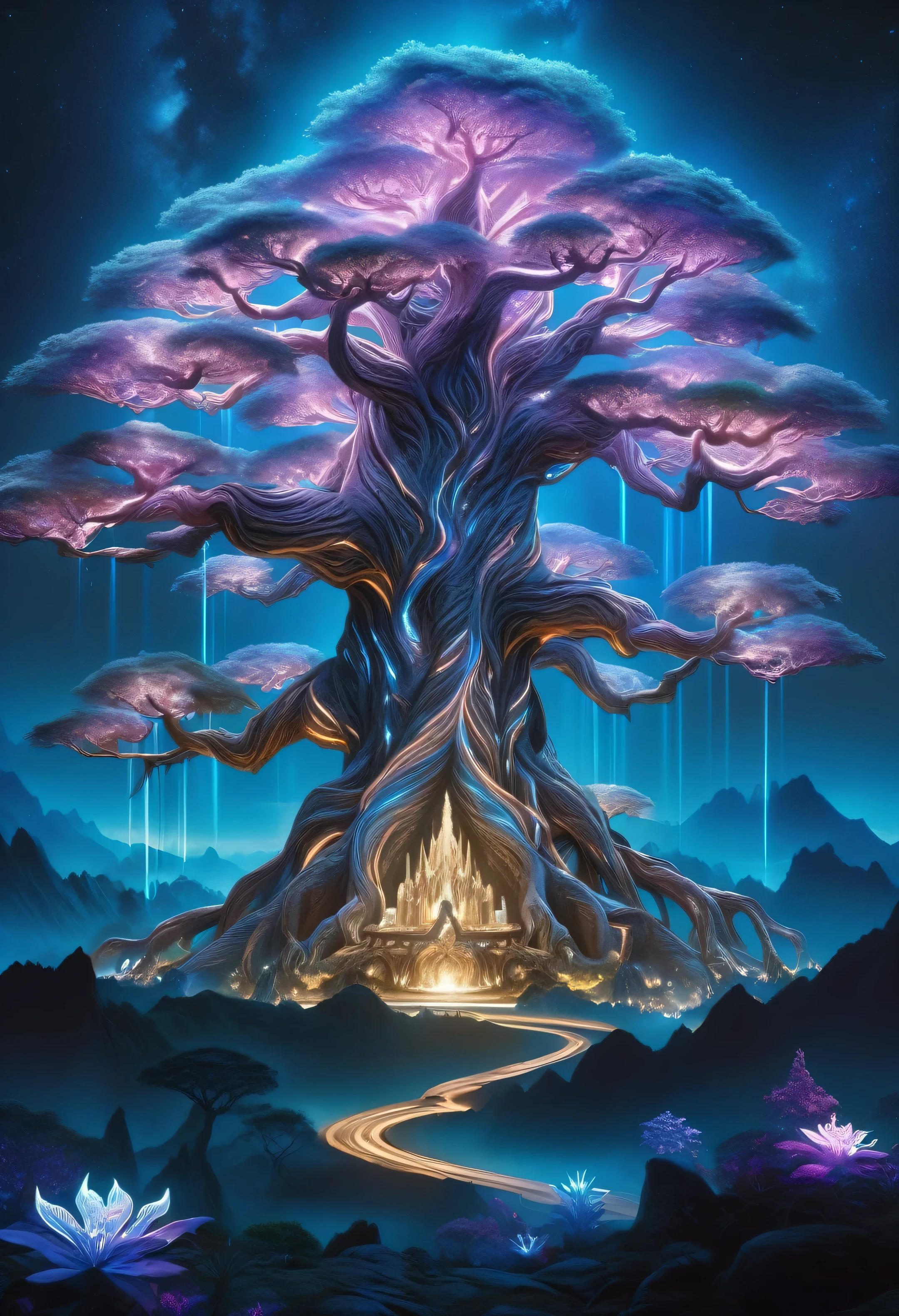 hyper detailed masterpiece, DonM3t3rn1tyXL,  magical mountain with the enormous ancient Worldtree. Its should be dim and mystical, possibly glowing with an otherworldly bioluminescent light. Its pose is majestic and regal, exuding a sense of magical power and grace. Set the in an enchanting ethereal light and mystical flora surrounding it 