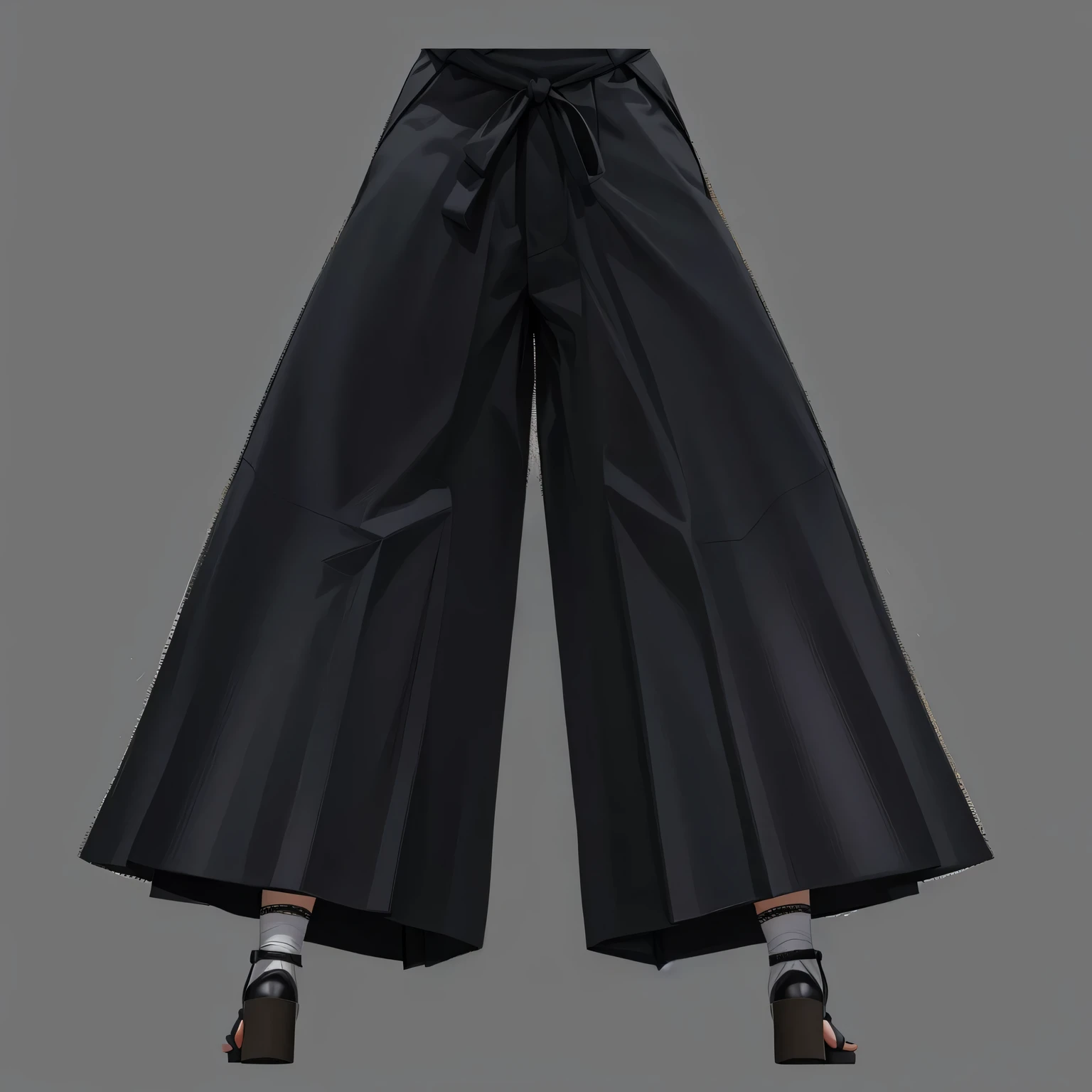 a close up of a person wearing a pair of wide legged 裤子, wide leg hakama trousers, baggy pants, Women, Black pants, baggy black pants, High detail clothing, Arimura Kasumi style 3/4, Dress\&#39;Slower, Pants back view, The back of the hakama kimono, The back of the exquisite hakama，3D Character Art，Ashe，2。5 D CGI Anime Fantasy Artwork，CGScosiety，Close-up characters，As seen on the Art Station