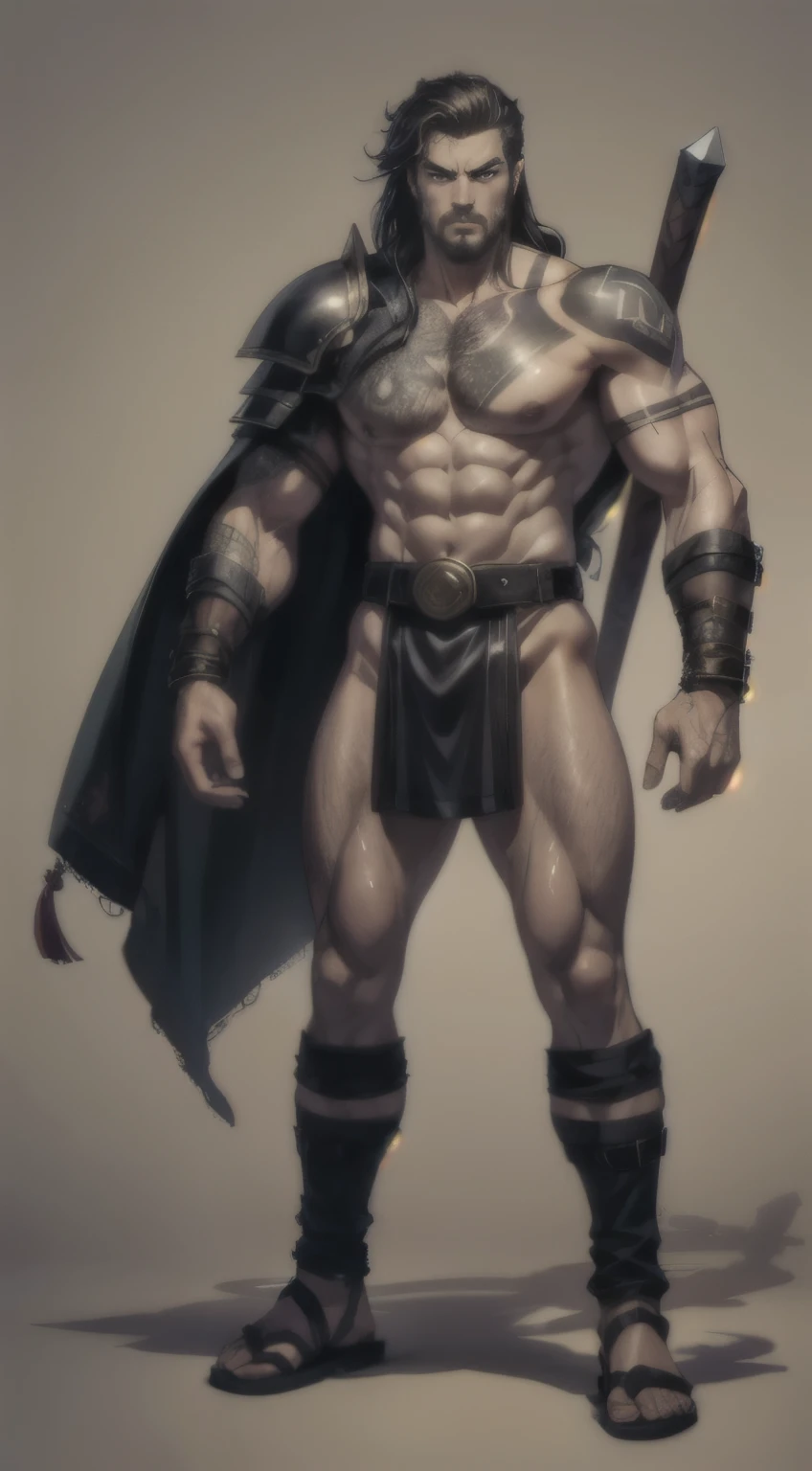 with no background, clean background, full-body standing character ((standing alone)), male babarian warrior man , perfect muscular body, serious face, long black hair, beautiful eyes details, beautiful detailed lips, extremely detailed eye and face, Barbarian Armor, naked legs, leather sandals, ruggedly handsome, tatoo