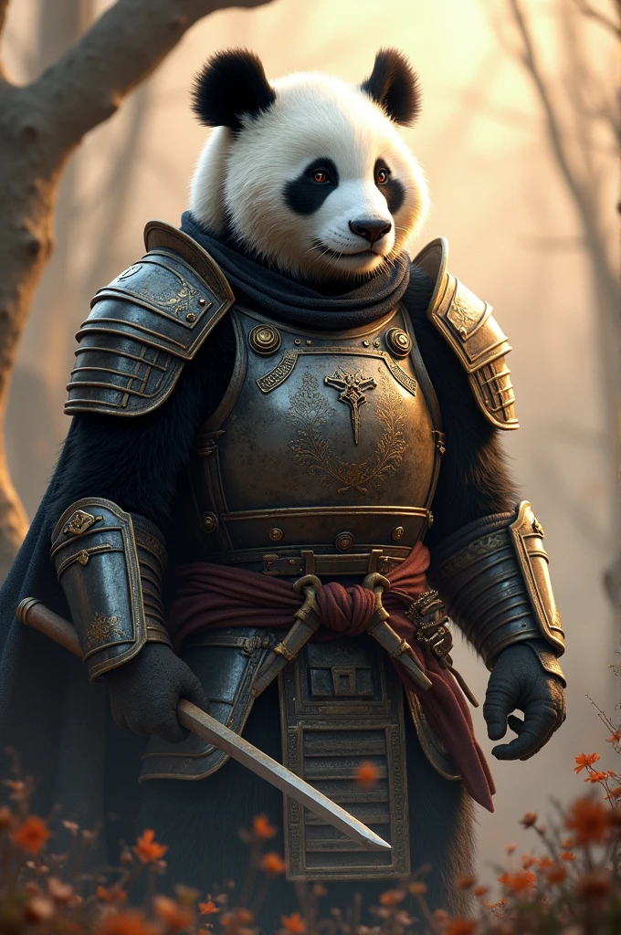 A panda wearing armor all the time，Revealing the heavy breath of ancient times，Behind is the scene of destruction，There was thunder and lightning in the sky，But there is a holy dawn