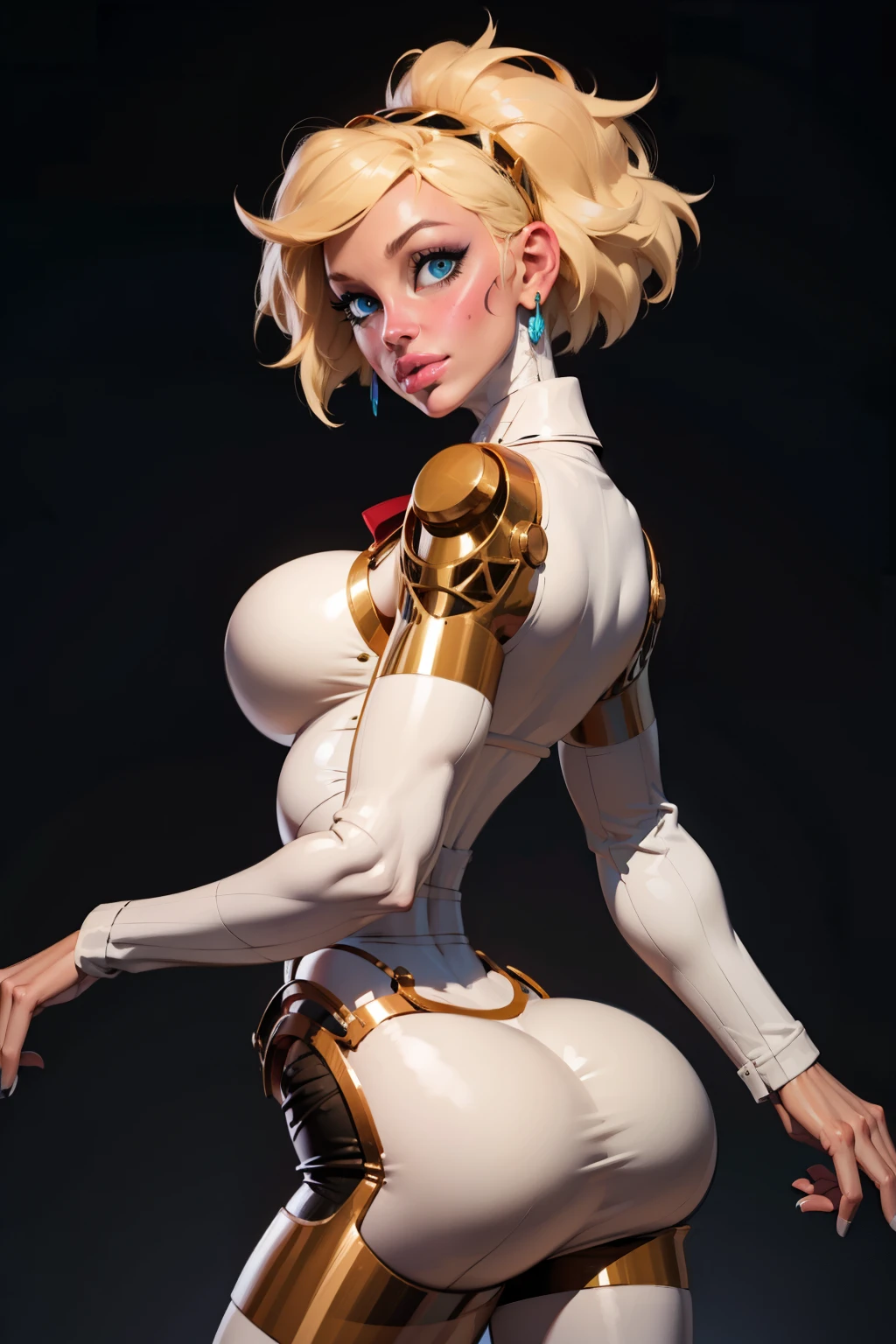 full shot body photo of busty android woman, masterpiece, (photorealistic:1.4), best quality, beautiful lighting , braided hairstyle, ray tracing, (very detailed background, detailed complex busy background : 0.8)