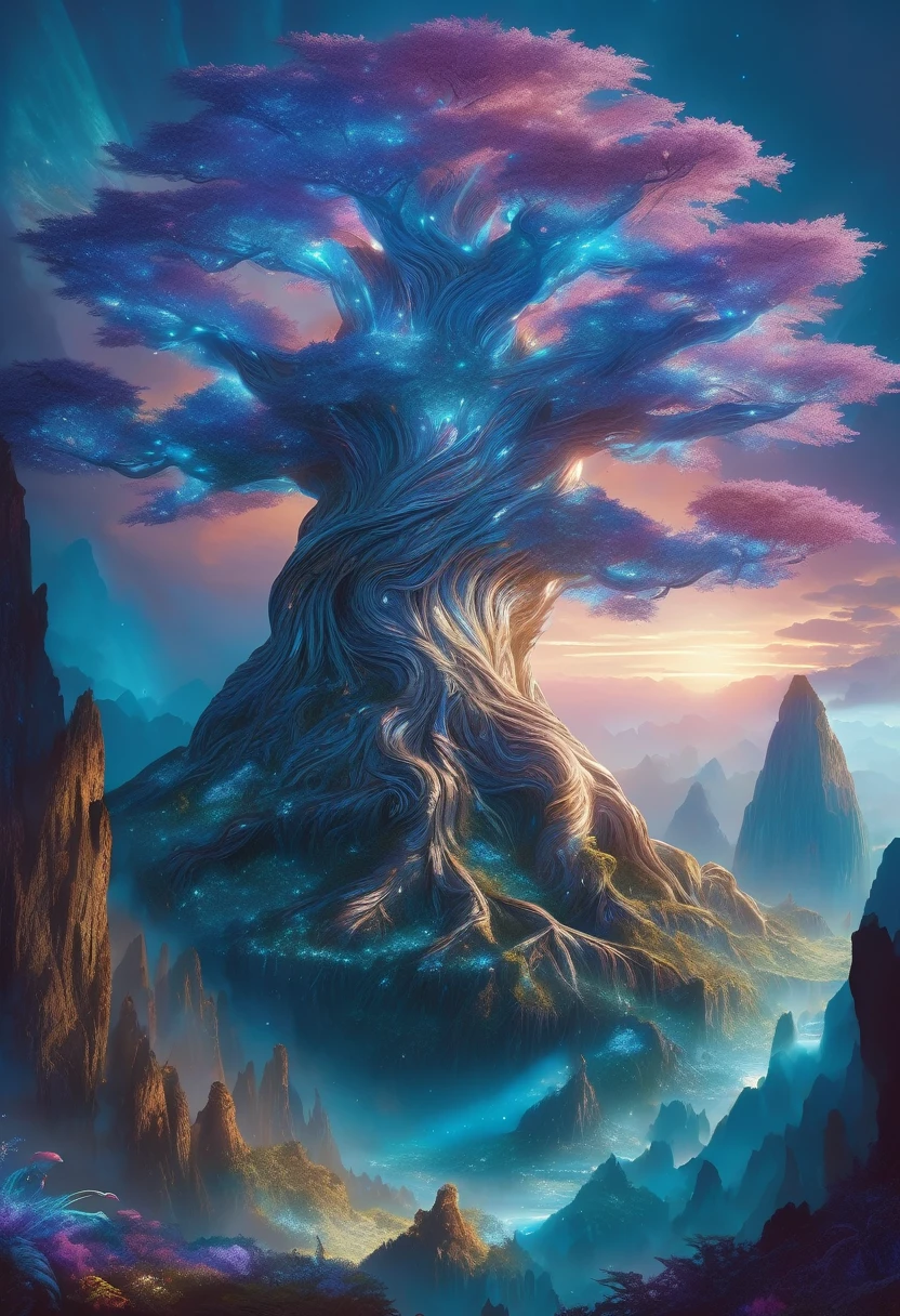 hyper detailed masterpiece, DonM3t3rn1tyXL, magical mountain with the enormous ancient Worldtree. Its should be dim and mystical, possibly glowing with an otherworldly bioluminescent light. Its pose is majestic and regal, exuding a sense of magical power and grace. Set the in an enchanting ethereal light and mystical flora surrounding it