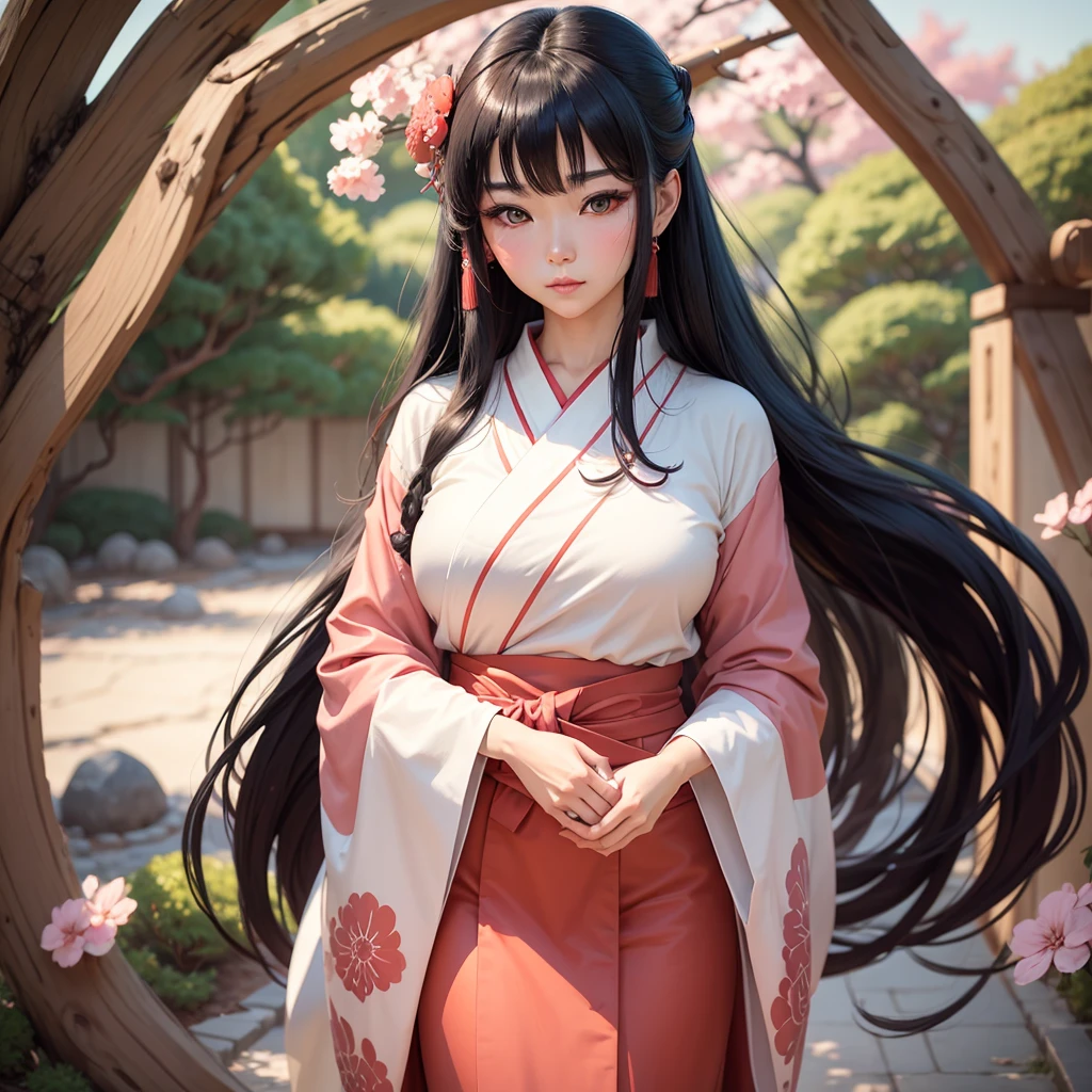 A beautiful Japanese woman in her 30s with long black hair, wearing a traditional miko outfit. The background is a solid pink color. The art style is a combination of acrylic painting and anime, focusing on a close-up of her face and upper body. Her expression is calm and gentle, with large expressive eyes and subtle blush on her cheeks. The miko outfit includes a white kimono top with red hakama pants.胸は小さい