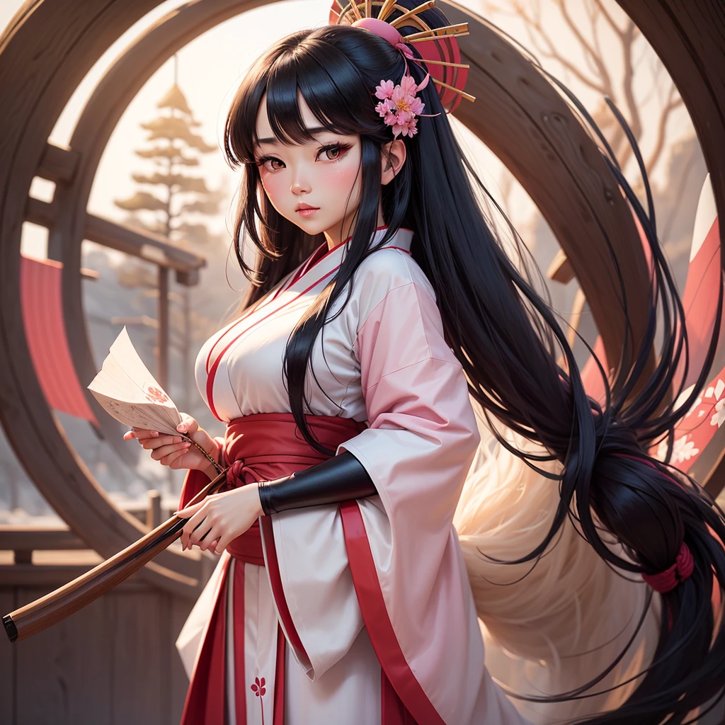 A beautiful Japanese woman in her 30s with long black hair, wearing a traditional miko outfit. The background is a solid pink color. The art style is a combination of acrylic painting and anime, focusing on a close-up of her face and upper body. Her expression is calm and gentle, with large expressive eyes and subtle blush on her cheeks. The miko outfit includes a white kimono top with red hakama pants.胸は小さい