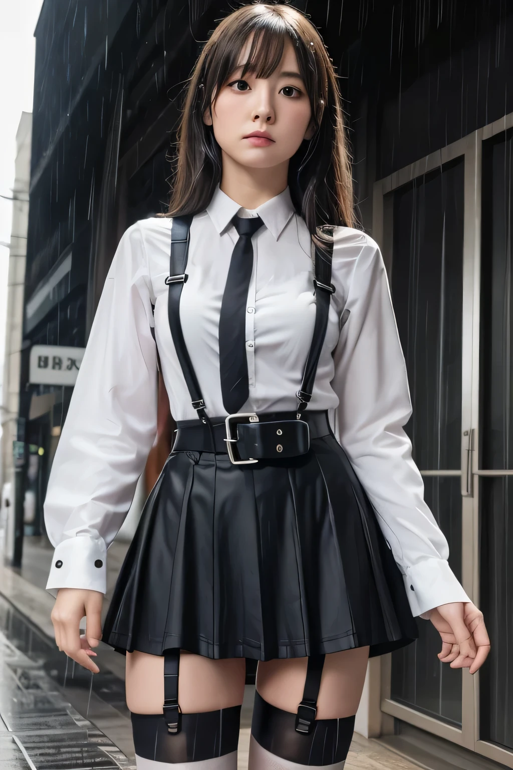 1 female, , high quality, masterpiece, Ultra-high resolution, Cinema Lighting, 1 female, , high quality, masterpiece, Ultra-high resolution, , Cinema Lighting, suspenders Moderate breasts Small face Looking up Sweat Thin belt buzzer 脇Sweat Garter belt Belt on pants holster Hands behind your back Looking up Anxious face Knee-high Knee socks Knee-highソックス garter ふとももにGarter belt Checkered mini skirt Panty shot Skirt gap Armament holster holster Hands behind your back Anxious expression Anxious face, legs apart Armament Leg holster holster See-through clothing heavy rain Rain-soaked dress shirt,