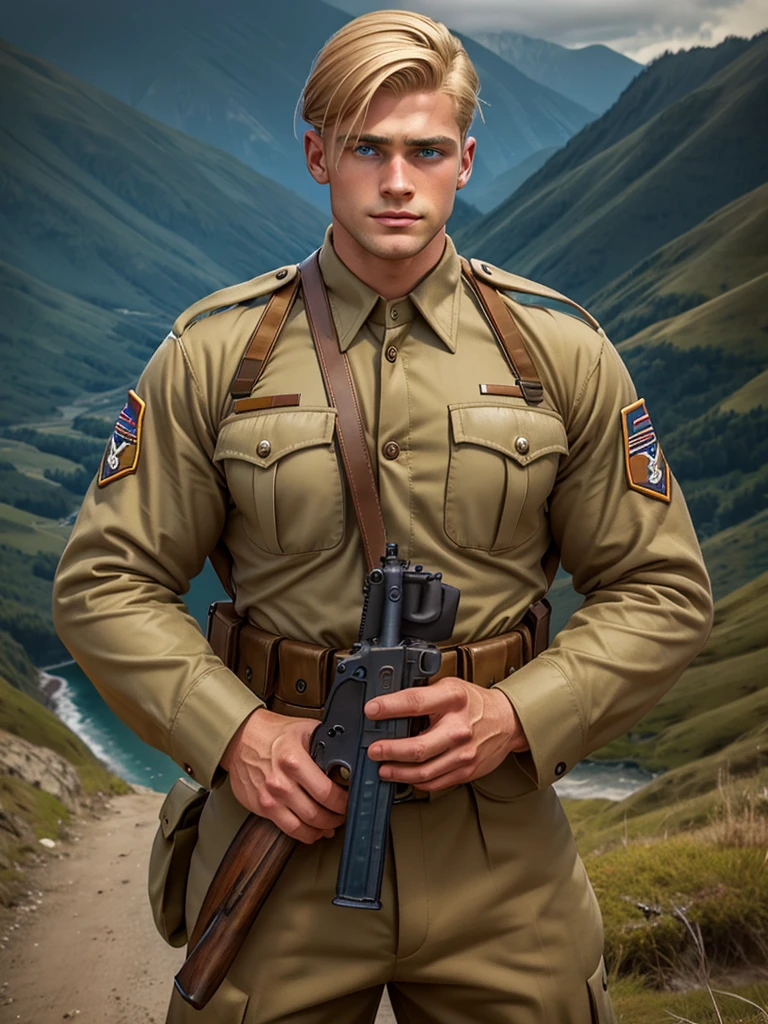 adult man, blue eyes, ww2 soldier, hairstyle blonde hair, holding a garand m1, in Pacific khaki uniform