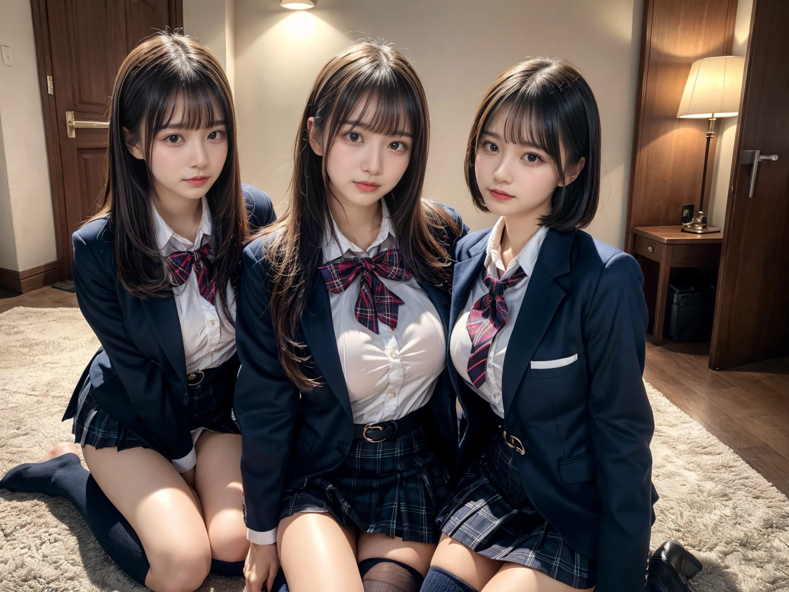 (8K, Raw photography, top-quality, ​masterpiece:1.2), master piece, best quality, illustration, Super detailed, fine details, High resolution, 8K,wall paper, perfect dynamic composition,(Details High quality, realistic depiction of eyes:1.3), ((2 girls, 2 schoolgirls)), The background is a luxury hotel room、High school girl uniform、blazer 、Super Short Check Uniform Skirt、Navy blue high socks、garterbelts、Colossal tits、Disturbed uniform, Play with each other,Touching each other's bodies,Touching the body of the girl next door, short bob hair, black hair color, huge breasts, Big Natural Color Lip, bold sexy pose, (perfect body shape), crying a little、cold gaze,  Beautiful makeup,glitter makeup,Cutest 18 years old, beautiful legs, hposing Gravure Idol, Voluptuous thighs