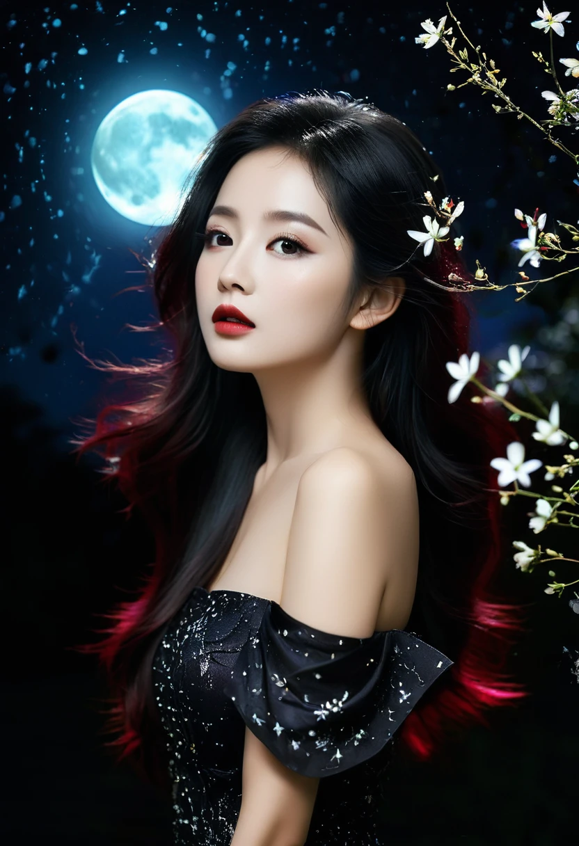 high quality, 8K Ultra HD, Surreal portrait of a stunning woman.
Dark Night Black Hair,Like a curtain of deep night sky,Falling in front of her,在月色中笼罩着mystery的黑色阴影,增添她mystery与深邃的气质。她的妆容mystery魅惑,Deep black eyeliner and dark red lip gloss,Conveys a night sky and feeling。A garden in the dark night,Fragrant flowers and twinkling fireflies,The moonlight and stars around her illuminated her every expression and gesture.,Enhances the dark night scene。Best quality,high-definition portrait,Medium shot,暗夜goddess,mystery,Standing,(Perfect face:1.1),(Unbelievable face:1.2),Intricate details,Dark Night Doctrine,Dark Tones,Dark Night Background,Luminescence,Flowers and constellation patterns in the dark night,mystery感,Creatures of the Night,goddess,Night World