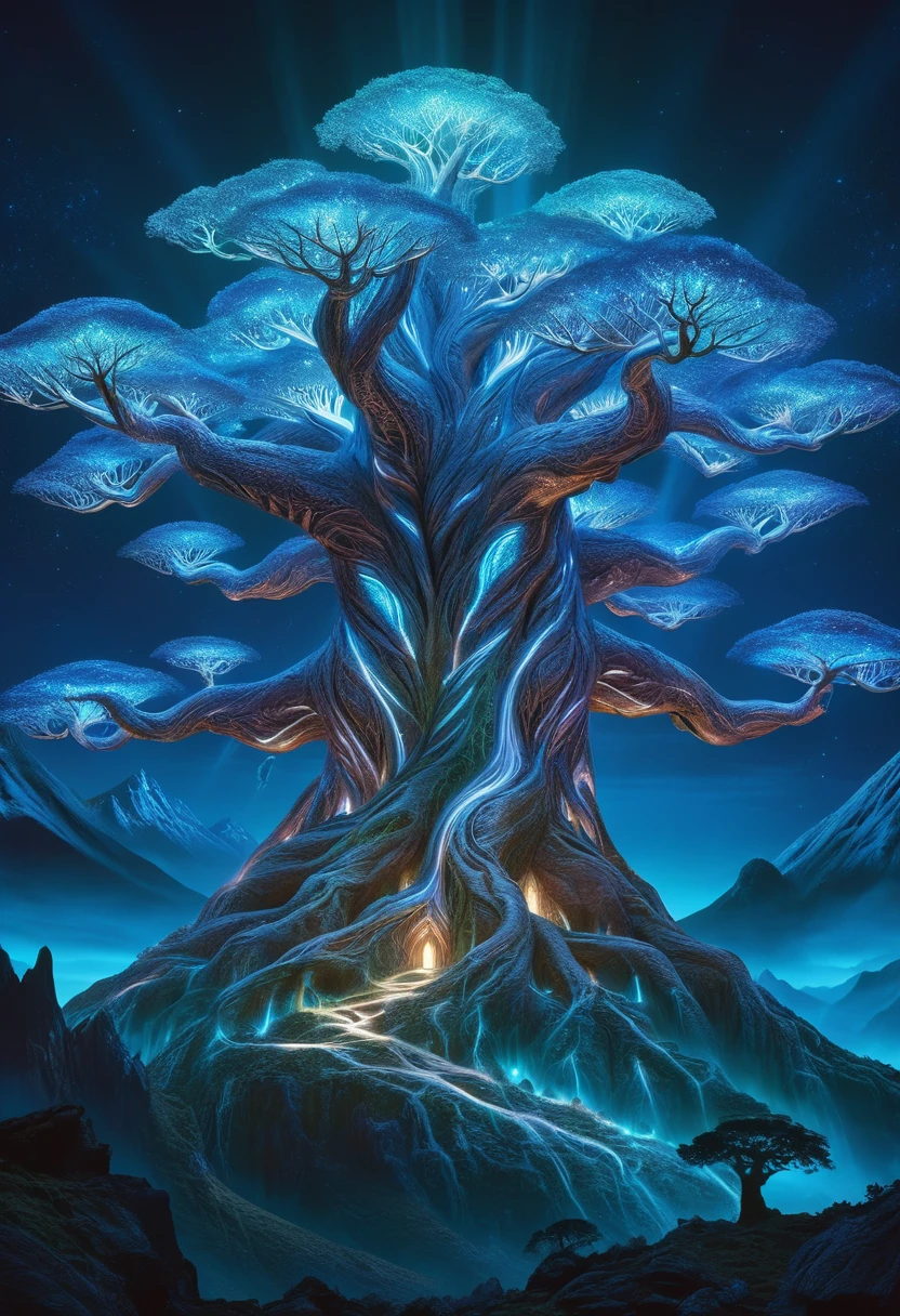 hyper detailed masterpiece, DonM3t3rn1tyXL, magical mountain with the enormous ancient Worldtree. Its should be dim and mystical, possibly glowing with an otherworldly bioluminescent light. Its pose is majestic and regal, exuding a sense of magical power and grace. Set the in an enchanting ethereal light and mystical flora surrounding it
