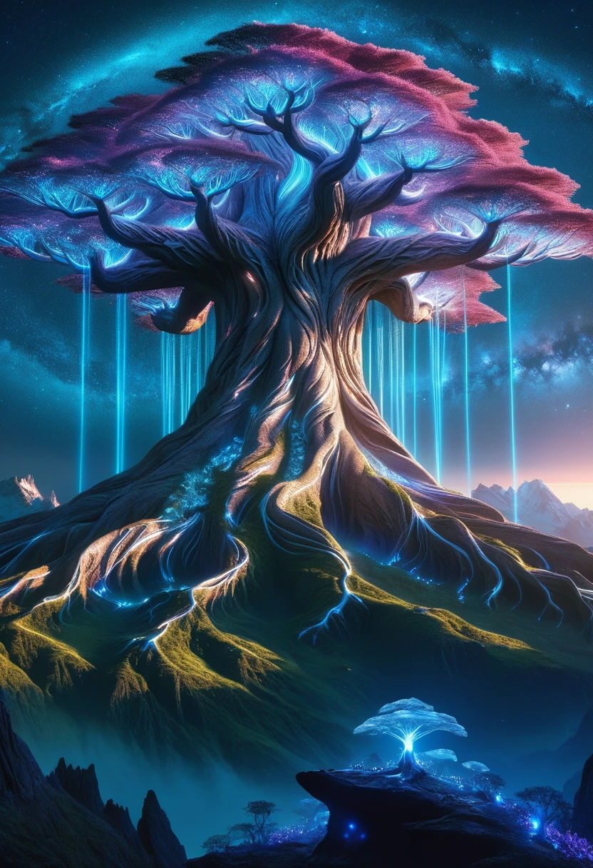 hyper detailed masterpiece, DonM3t3rn1tyXL, magical mountain with the enormous ancient Worldtree. Its should be dim and mystical, possibly glowing with an otherworldly bioluminescent light. Its pose is majestic and regal, exuding a sense of magical power and grace. Set the in an enchanting ethereal light and mystical flora surrounding it