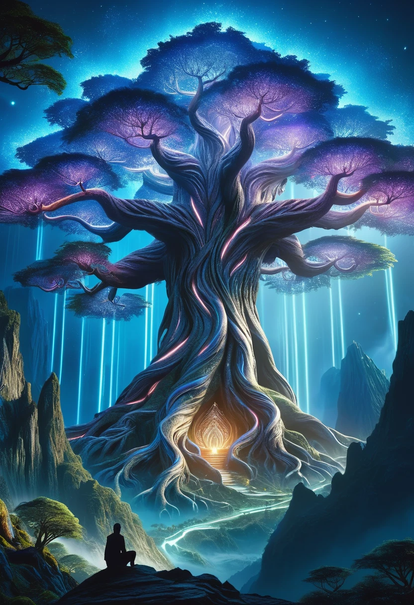 hyper detailed masterpiece, DonM3t3rn1tyXL, magical mountain with the enormous ancient Worldtree. Its should be dim and mystical, possibly glowing with an otherworldly bioluminescent light. Its pose is majestic and regal, exuding a sense of magical power and grace. Set the in an enchanting ethereal light and mystical flora surrounding it