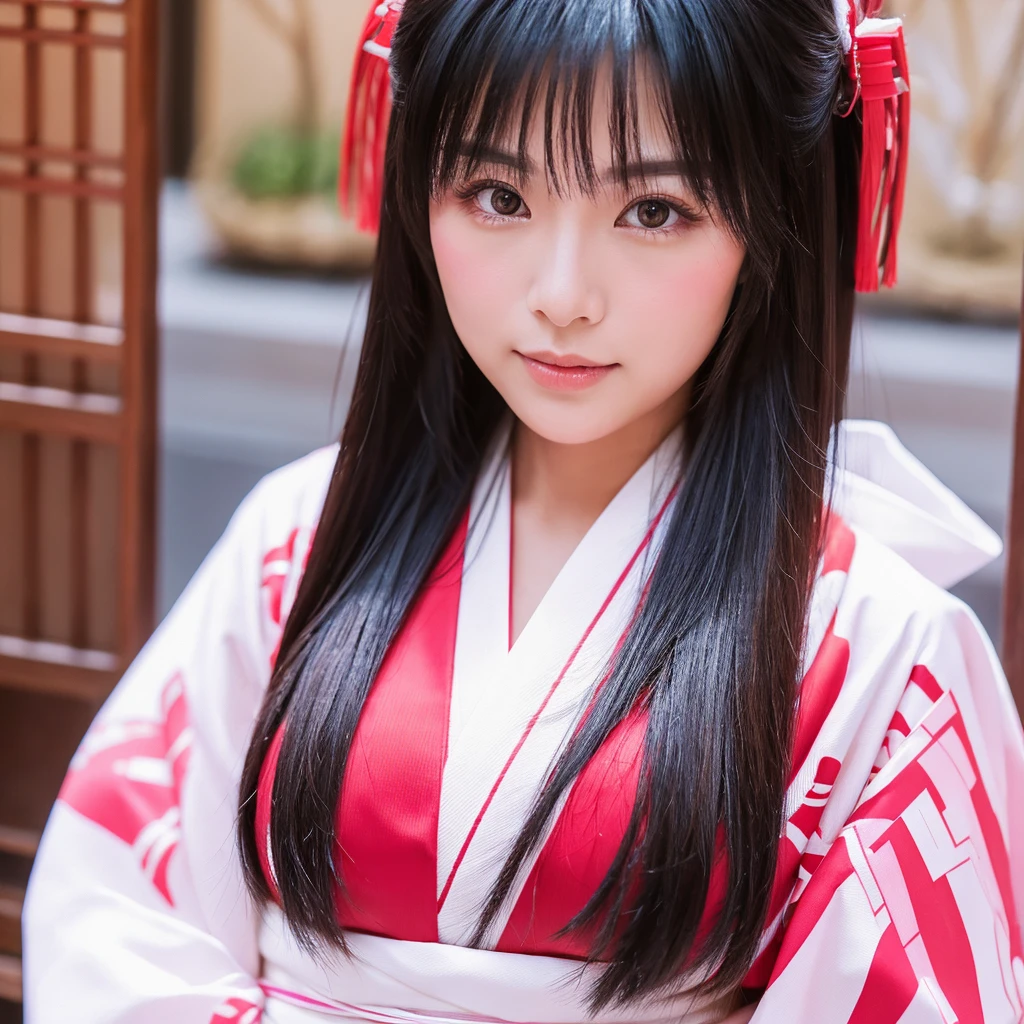 A beautiful Japanese woman in her 30s with long black hair, wearing a traditional miko outfit. The background is a solid pink color. The art style is a combination of acrylic painting and anime, focusing on a close-up of her face and upper body. Her expression is calm and gentle, with large expressive eyes and subtle blush on her cheeks. The miko outfit includes a white kimono top with red hakama pants.胸は小さい
