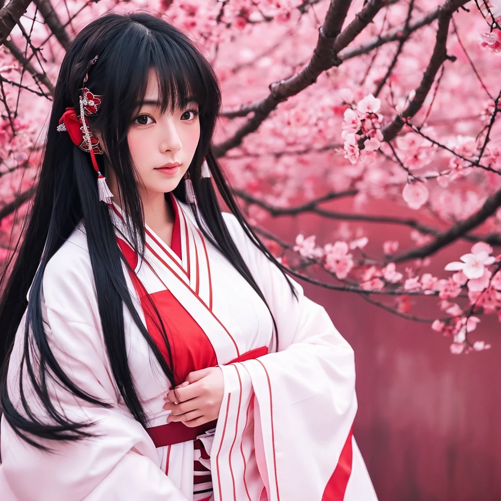 A beautiful Japanese woman in her 30s with long black hair, wearing a traditional miko outfit. The background is a solid pink color. The art style is a combination of acrylic painting and anime, focusing on a close-up of her face and upper body. Her expression is calm and gentle, with large expressive eyes and subtle blush on her cheeks. The miko outfit includes a white kimono top with red hakama pants.胸は小さい