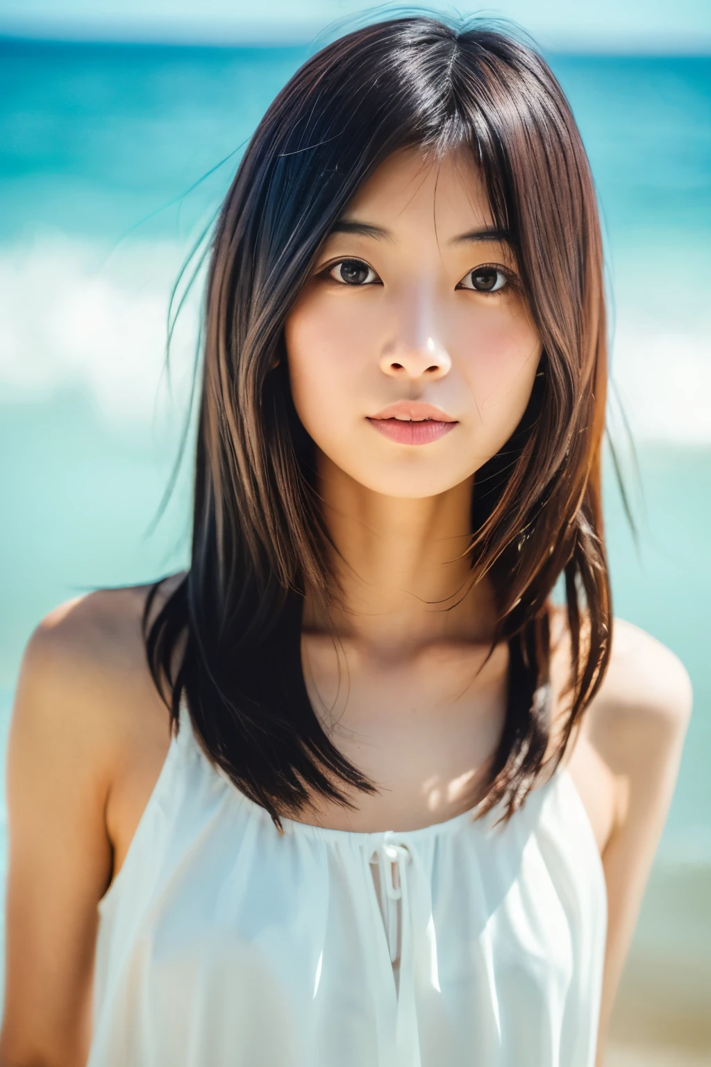 8k, highest quality, masterpiece, super high resolution, (realistic:1.4), RAW Photos, (Film Grain:1.3), One Girl, portrait of a skinny Japanese woman, 30 years old, standing on the beach, a cute face, detailed face, detailed eyes, {short|long} hair, correct body anatomy, wearing a see-through white dress, photogravure