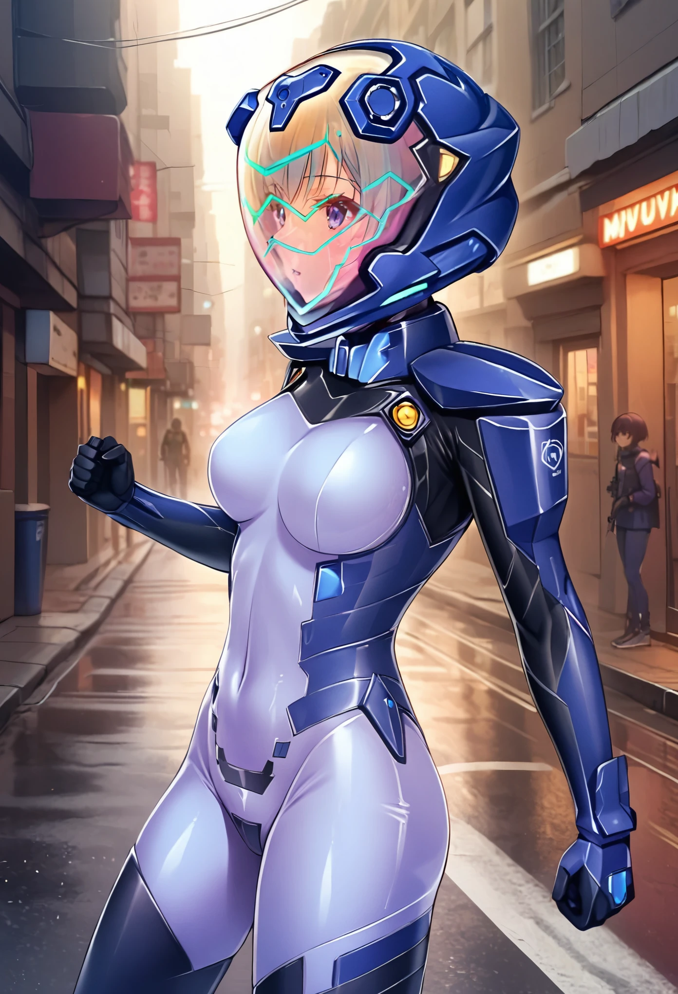 short hair, street, emo, BLACK hair, white eyes, eyeliner, apocalypse, (astronaut, girl, road, city, fortified suit, ((blue:1.5) plugsuit), short hair, outdoors, cinematic light, medium breasts, covered navel, space helmet, muvluv, space helm, eva helmet,[legs bent, ,ahegao, rolling eyes,saliva, drooling, sweat, trembling, HARD TO BREATH,, (hands up:1.6), (holding head:1.7), upper body