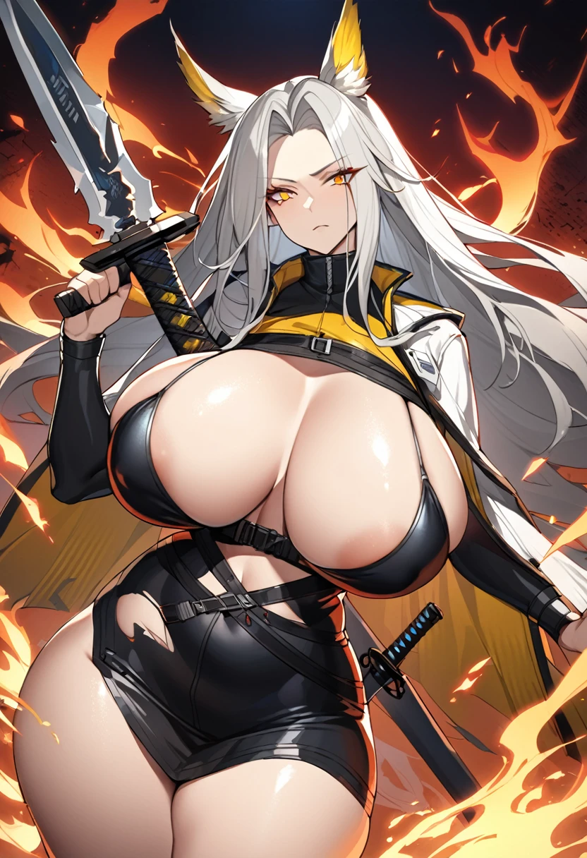 Hellagur(Arknights),grey hair,feather ears,curvy body,wearing original clothes(half shattered, wielding big katana(blade), big ,big thighs,flame background,midnight setting,nsfw, uncensored.