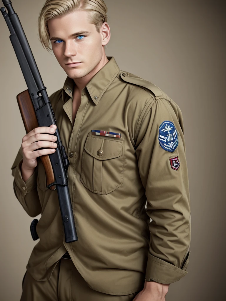 adult man, blue eyes, ww2 soldier, hairstyle blonde hair, holding a garand m1, in Pacific khaki uniform