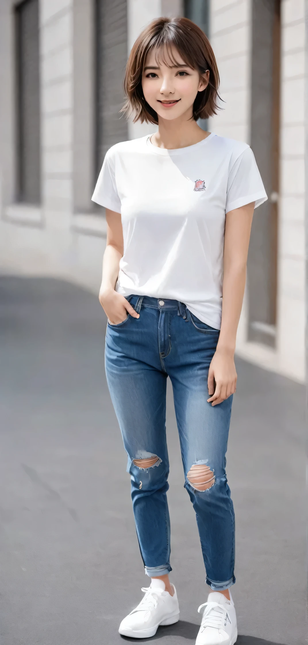 Are standing woman、 charm, Sports competitions, Well-proportioned body, smile、Brown Hair,short hair、 He is wearing a T-shirt and ripped jeans., Wearing white sneakers, Looking into the camera, Are standing, Pose variations.