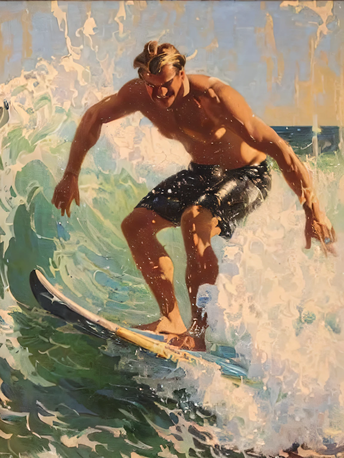 painting of a man on a surfboard riding a wave, part dean cornwell style, surfing, oil on board, oil painting a bigger splash, by Harry Shoulberg, by Jerry Weiss, by John Armstrong, by Harold Shapinsky, inspired by Jon Whitcomb, by Jon Whitcomb, greg rutkowski painting, oil-on-canvas