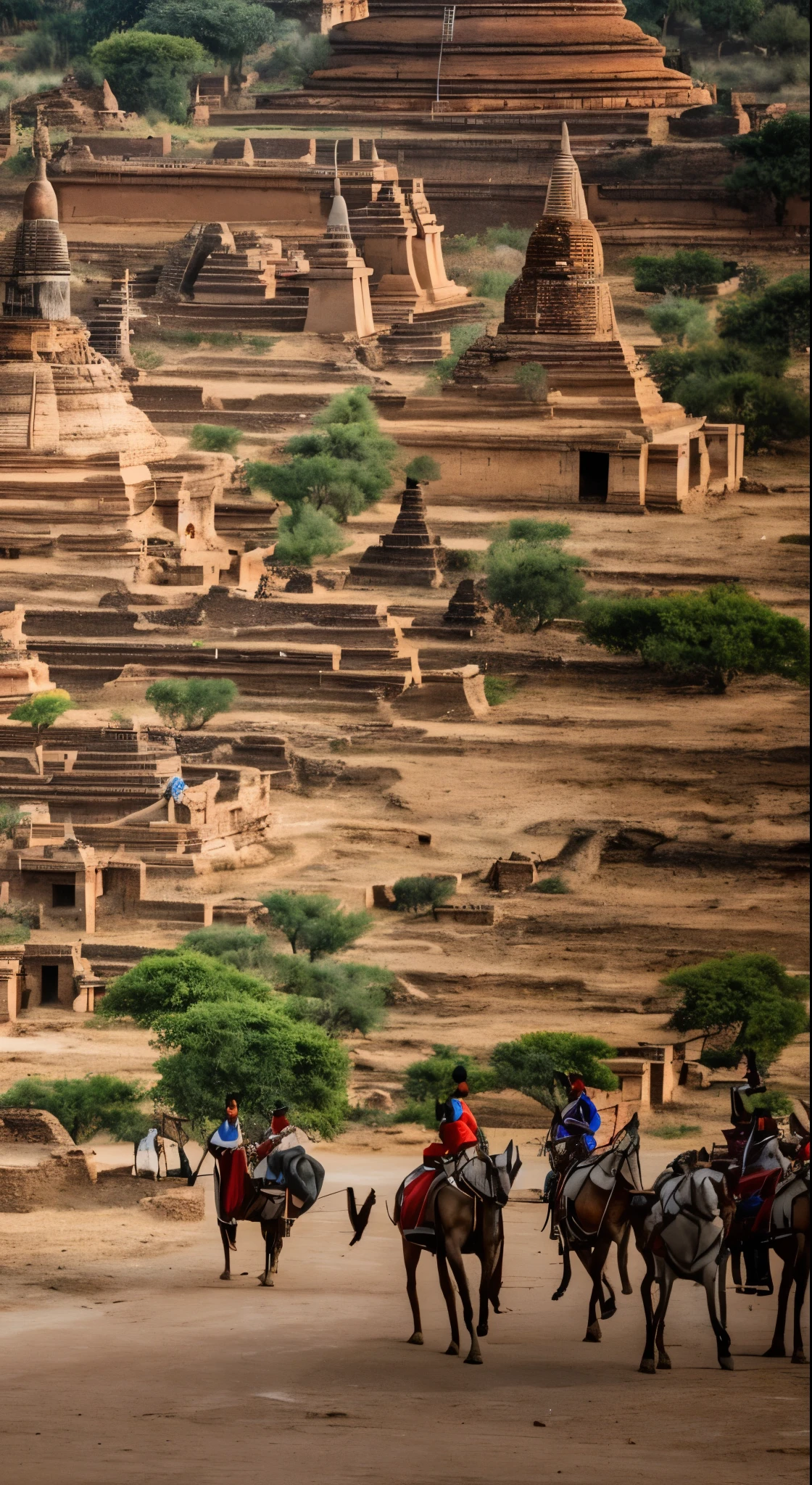 Draw a photo of ancient bagan, Hight quality, people are walking around by riding white elephant(detail), The king wandered around the palace(detail),the swordman troops, Cavalry troops,