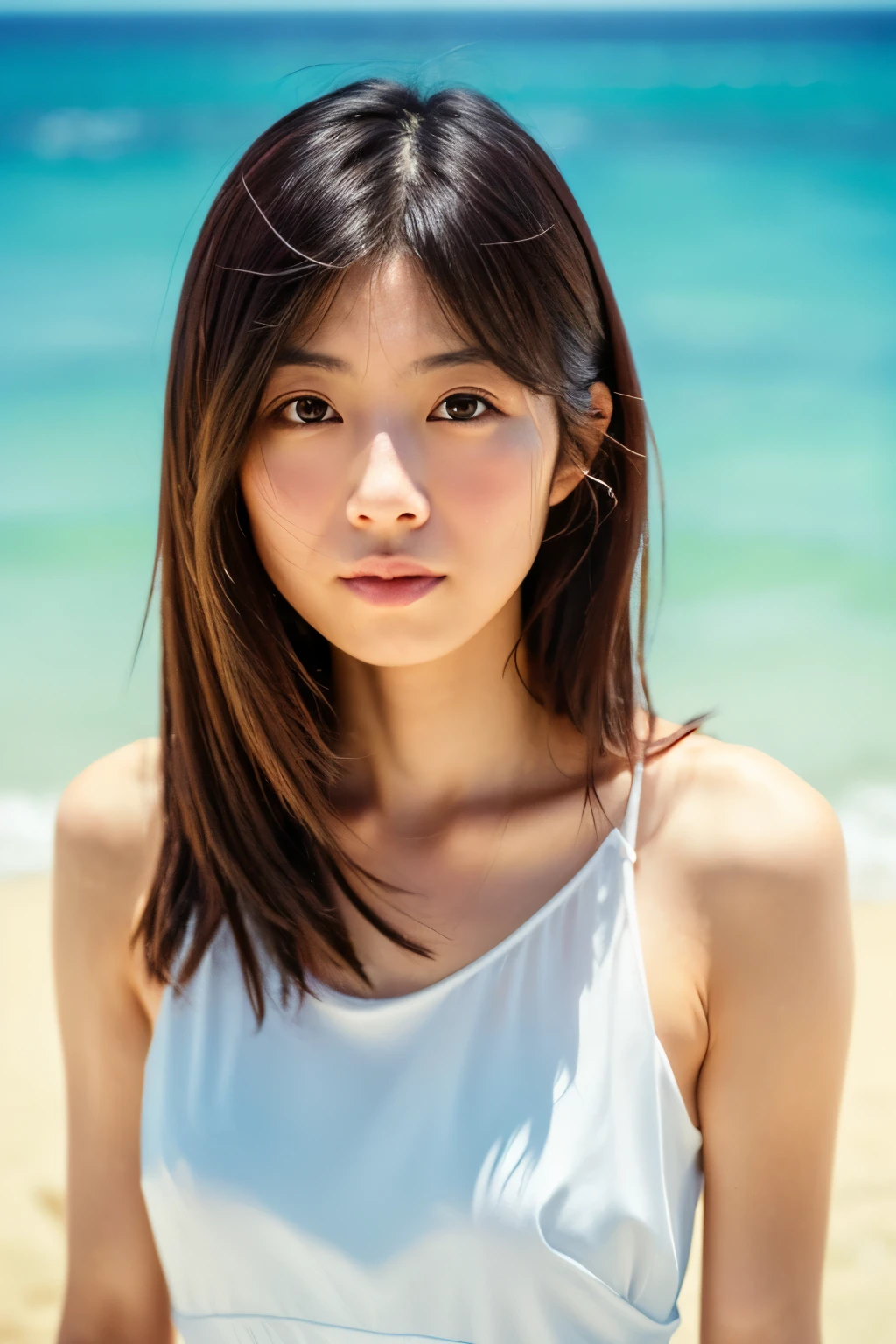 8k, highest quality, masterpiece, super high resolution, (realistic:1.4), RAW Photos, (Film Grain:1.3), One Girl, portrait of a skinny Japanese woman, 30 years old, standing on the beach, a cute face, detailed face, detailed eyes, {short|long} hair, correct body anatomy, wearing a see-through white dress, photogravure