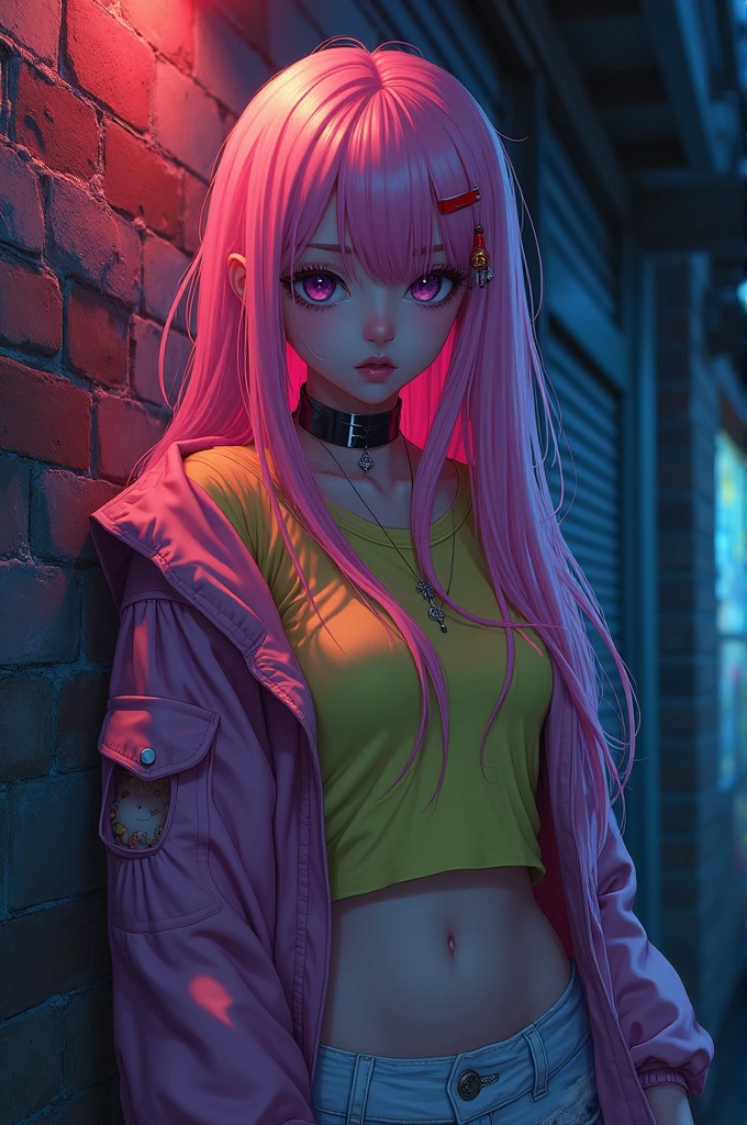 Cinematic style, extreme detail, ultra-high quality, 1girl, solo, intricate details, chromatic aberration, realistic, long hair, pink hair, red head ornament, pink highlights, hair over one eye, purple eyes, earrings, sharp eyes, choker, neon shirt, torn legwear, open jacket, turtleneck sweater, night,against wall, brick wall, graffiti, dim lighting, alley, looking at viewer