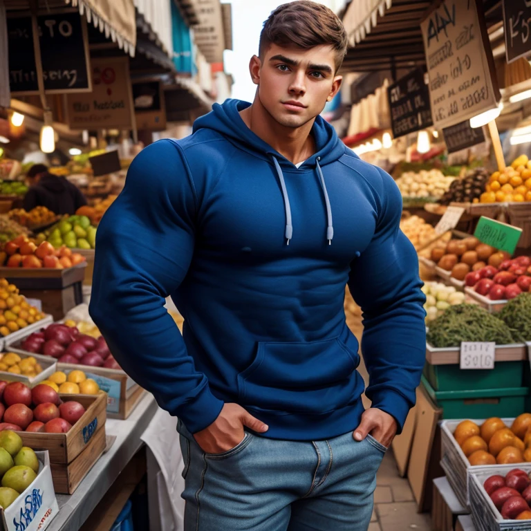 a young man, big eyes, short hair, wearing a tight simple blue sweatshirt with long sleeves, massively muscular, with massively large muscles, with his hands in his pockets, leaning against the wall of a market