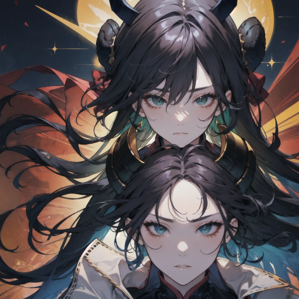 Green Eyes。Brown Skin。deep dark blue hair。 Two demon horns growing from his forehead。male。