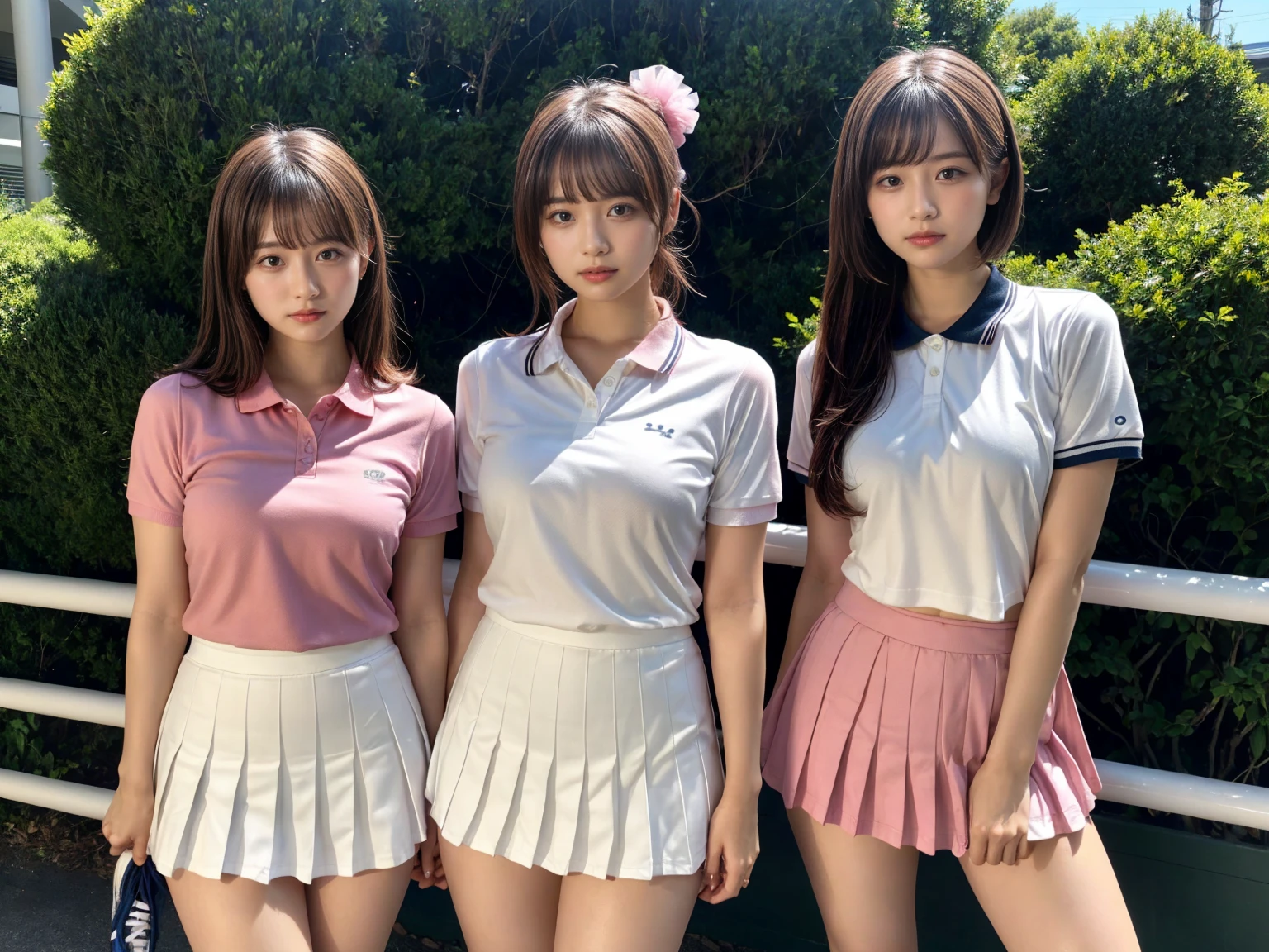 masterpiece, best quality, illustration, Super detailed, fine details, High resolution, 8K,wall paper, perfect dynamic composition,(Details High quality, realistic depiction of eyes:1.3), (2 girls), BREAK (white theme:1.4), (tucked-out short sleeve white polo shirt:1.4), (pink lines on tops outline:1.3), (pure white pleated mini skirt:1.3), (hem of top covers top half of skirt:1.3), (pink fluffy scrunchie on wrist:1.3), (white and pink sports shoes:1.2), short bob hair, (large breasts:1.2), plumpy body, black hair color, Big Natural Color Lip, (perfect body shape), crying a little、Harajuku style、20 year old girl、cute type、beautiful legs, Gravure Idol