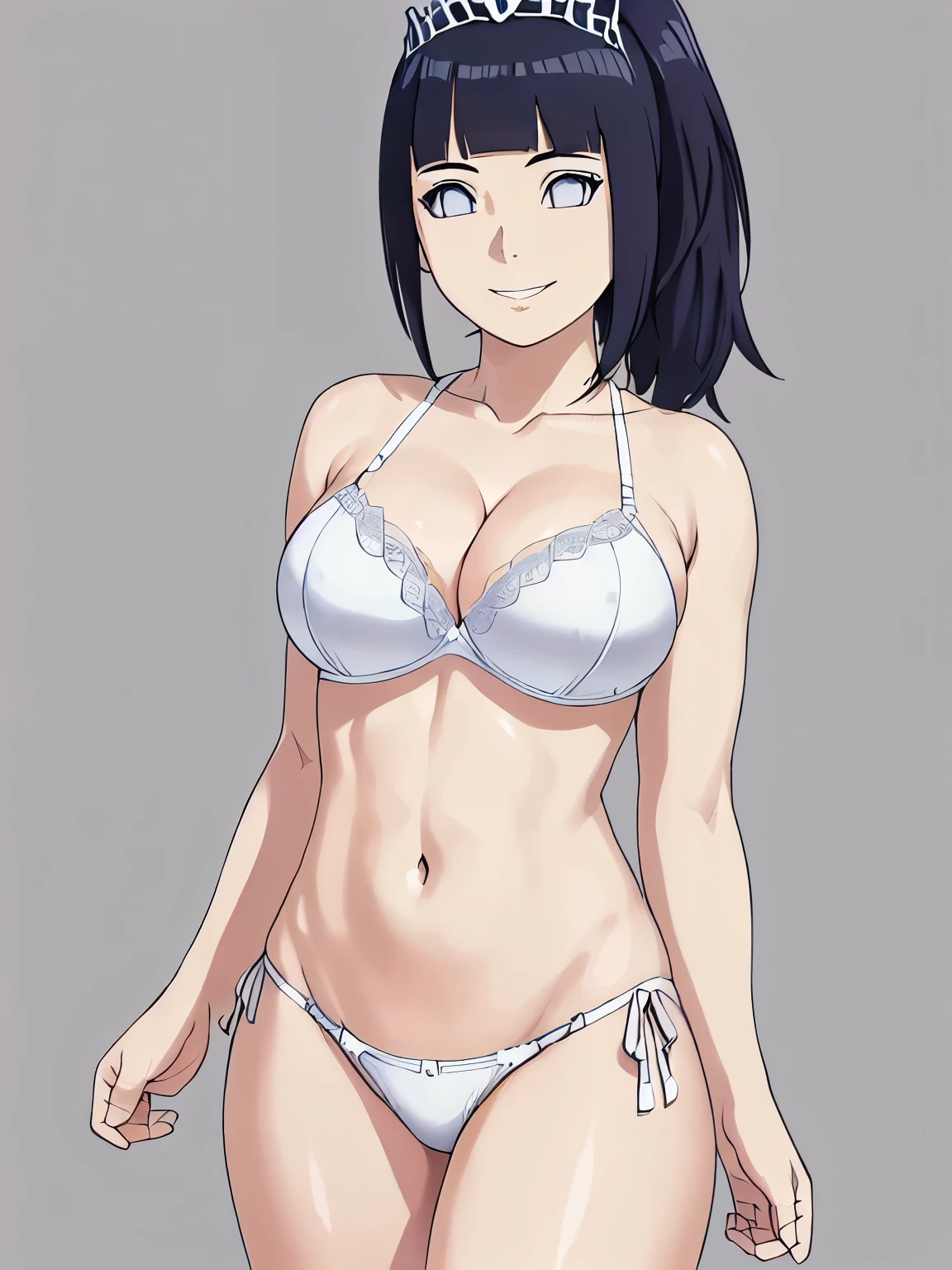 (hinata\(boruto\), (high quality:1.8), (muscles:0.8), (thighs:1.5), (stretching), (arm biceps:1.4), (soft look:1.6), (arm curves:1,5), (ultra detailed body:1.4), (((background: simple white background only:1.8))), (anime, tall woman, cowboy shot), (sharp smile:1.6), (thick arms:1.0), (wedding tiara:1.3), (white thong:1.3), (white bra:1.5), (bare arms, bare shoulders), (long belly:1.4), (wide shoulders, off-shoulders), (big breasts:1.1) ,(cleavage:1.5), ((pale skin)). ((dark blue:1.3, long ponytail, hime cut), (background: simple white background only), (background: simple white background only), (background: simple white background only), (background: simple white background only),