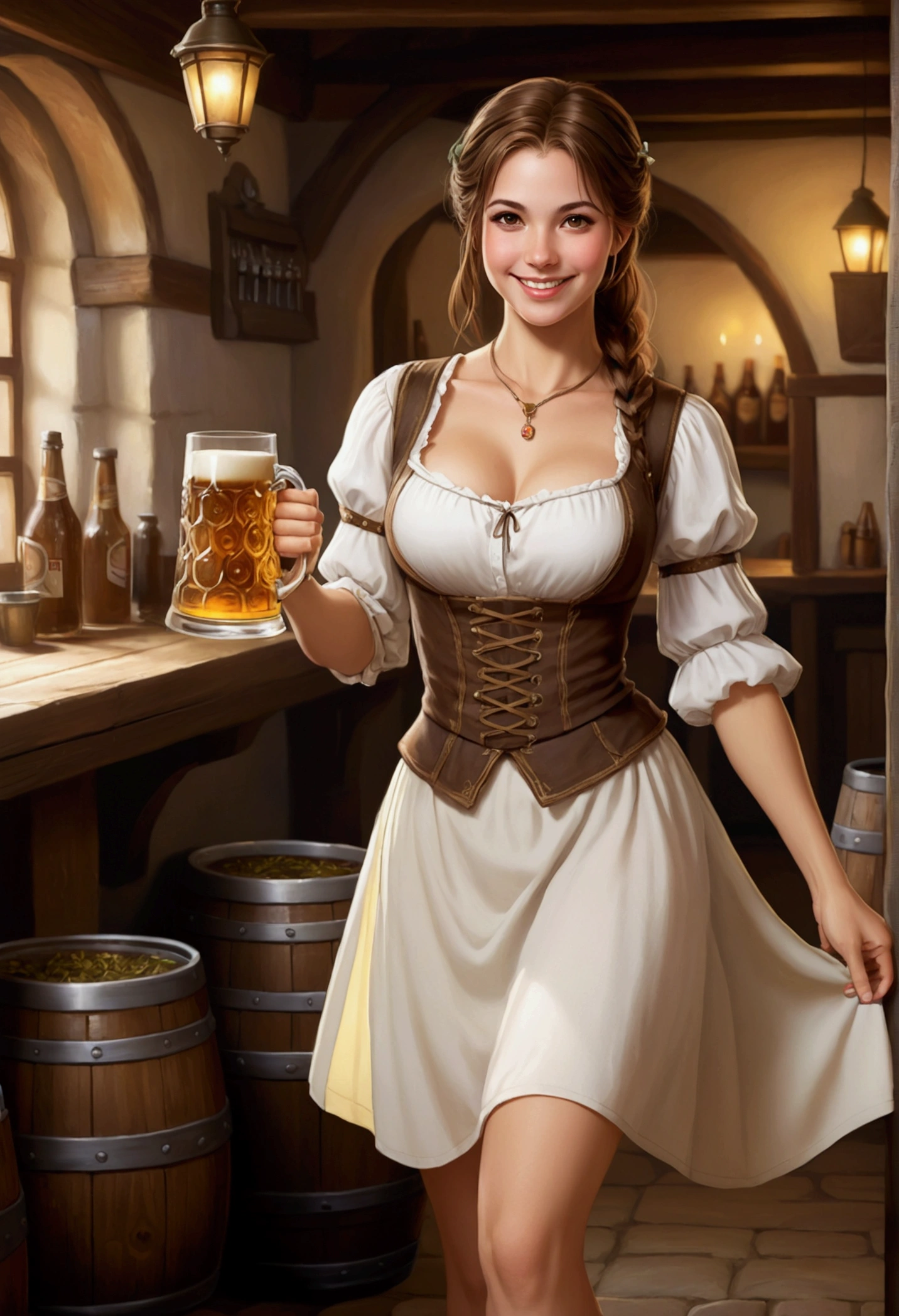 Rosey is a beautiful serving girl in a medieval tavern, she has brown hair, is bare footed, and wears a simple white shirt and skirt, 20 years. She smiles seductive while she carries a number of tankards cider