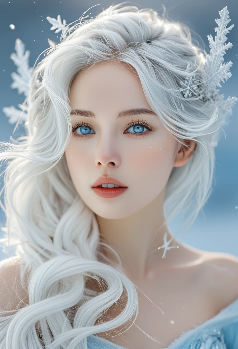 high quality, 8K Ultra HD, Surreal portrait of a stunning woman.
Ice crystal white hair，Like frost flowers on polar glaciers，Flying around her，The cold wind emits a cold white chill，Adding to her icy and cool atmosphere。Her makeup is cool and elegant，Light blue eye halos and silver lip gloss，Conveys a sense of ice and purity。Surrounded by ice and snow，Huge icebergs and dancing snowflakes，The surrounding aurora and stars illuminated every part of her skin and expression.，Enhances the ice and snow style of the picture。Best quality，high-definition portrait，Medium shot，冰雪goddess，mystery，Standing，（Perfect face：1.1），（Unbelievable face：1.2），Intricate details，Ice and Snowism，Cool colors，Snow background，Luminescence，Snowflakes and ice crystals pattern in the snow，mystery感，Ice Creatures，goddess，Ice World