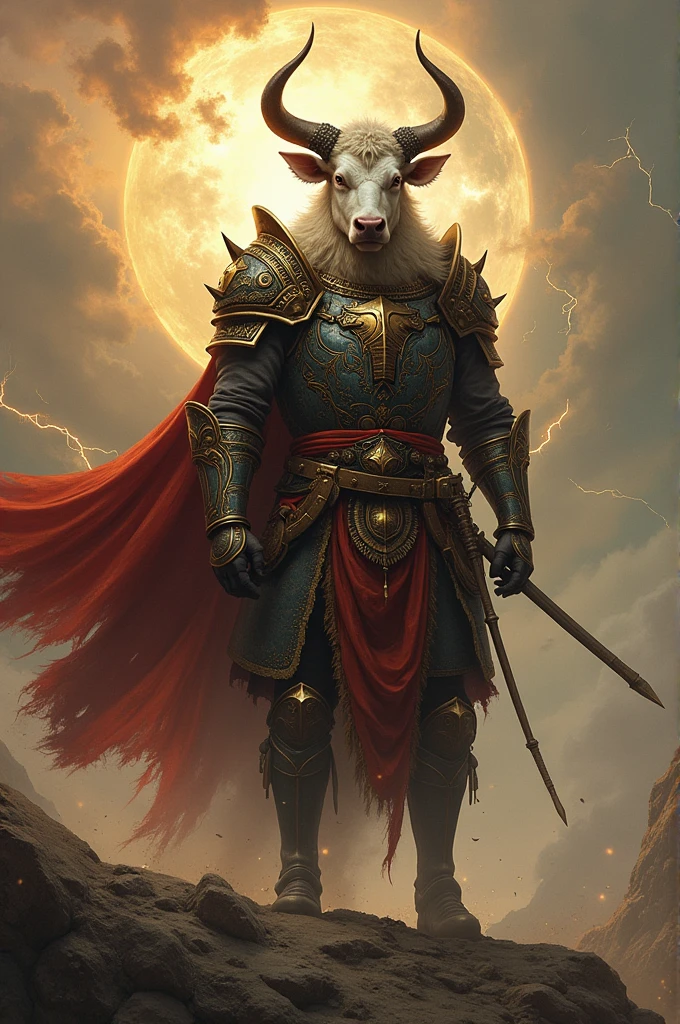 The zodiac ox who always wears armor，Revealing the heavy breath of ancient times，Behind is the scene of destruction，There was thunder and lightning in the sky，But there is a holy dawn