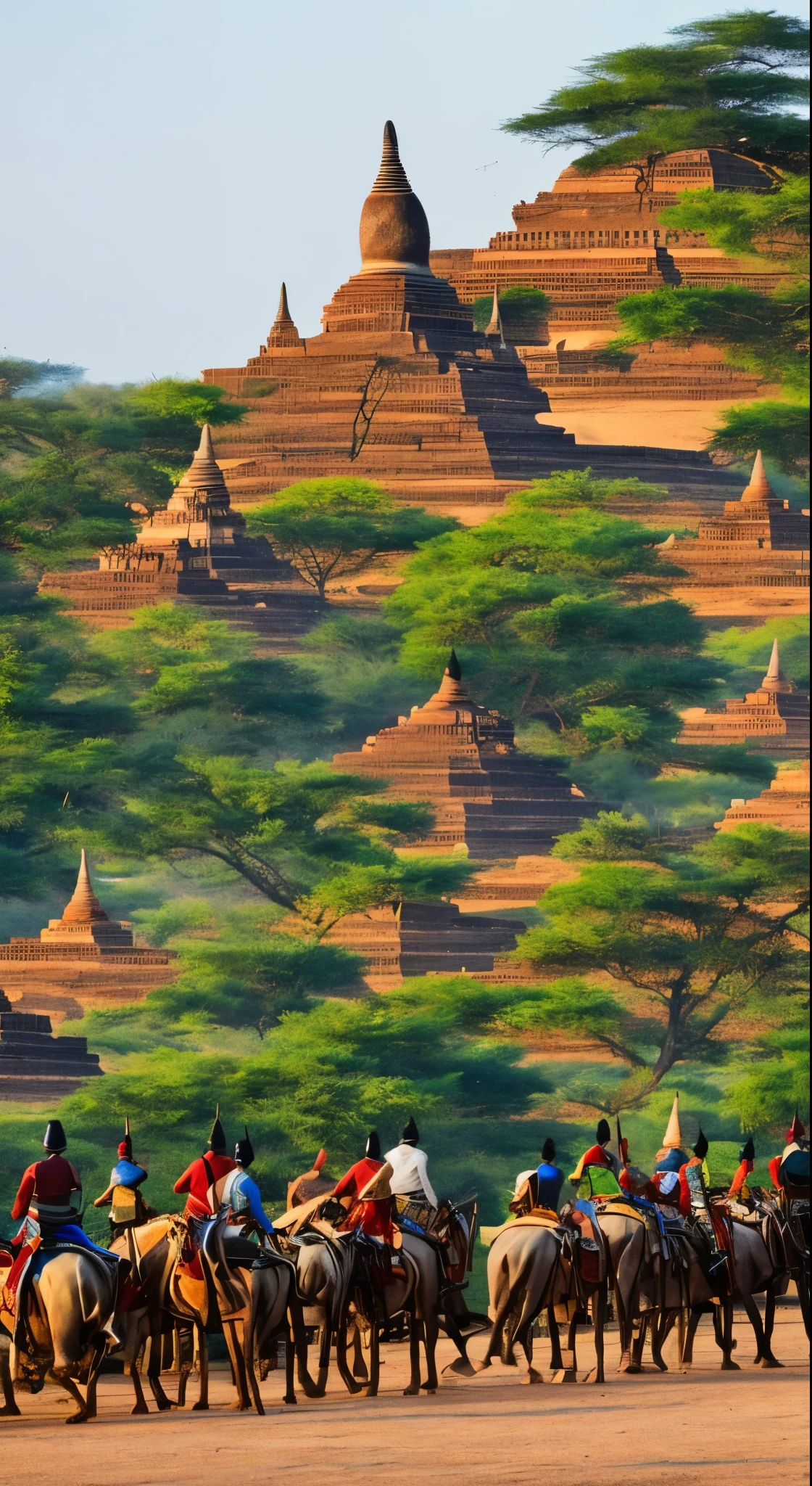 Draw a photo of ancient bagan, Hight quality, people are walking around by riding white elephant(detail), The king wandered around the palace(detail),the swordman troops, Cavalry troops,