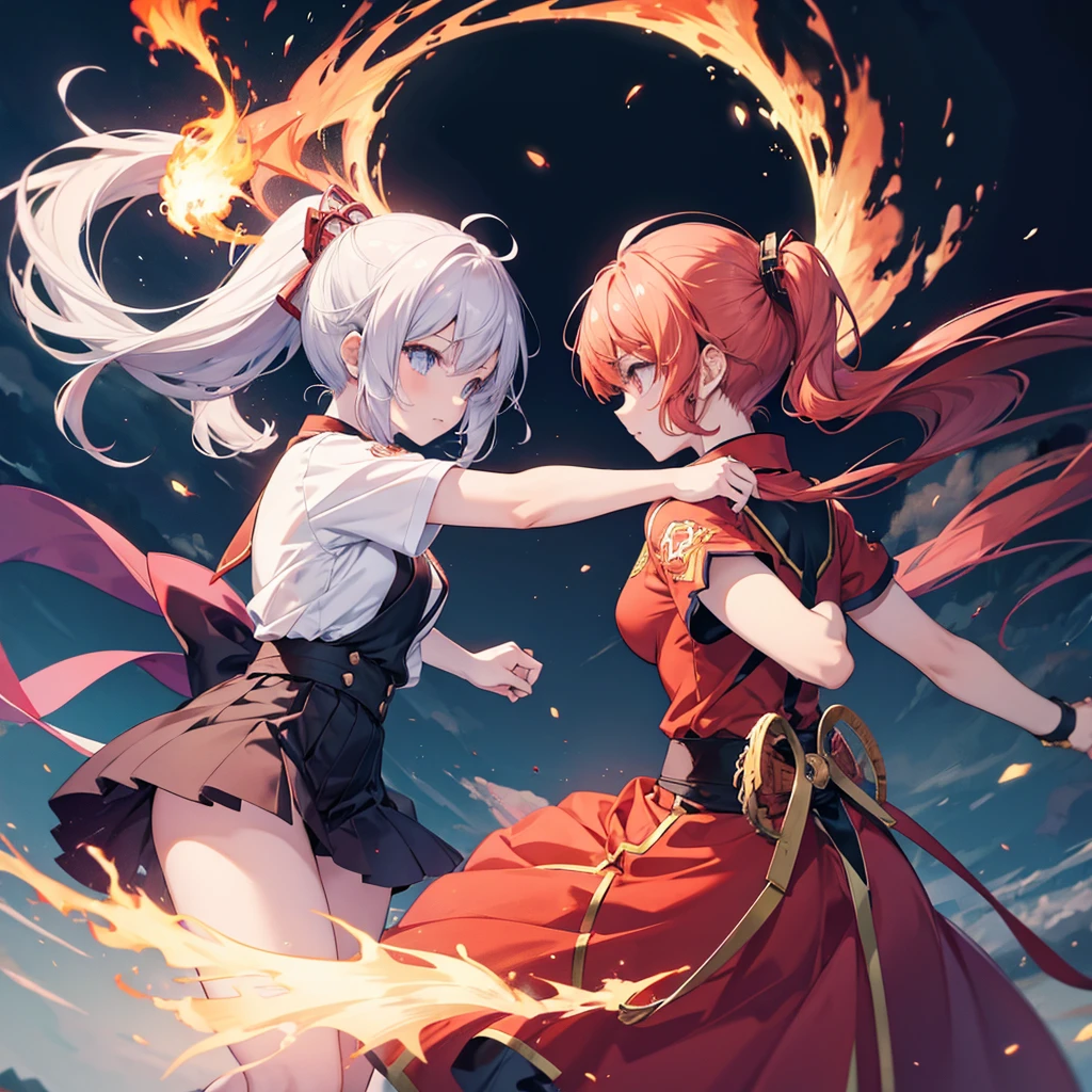 an anime girl are fighting with dragon using flame sword