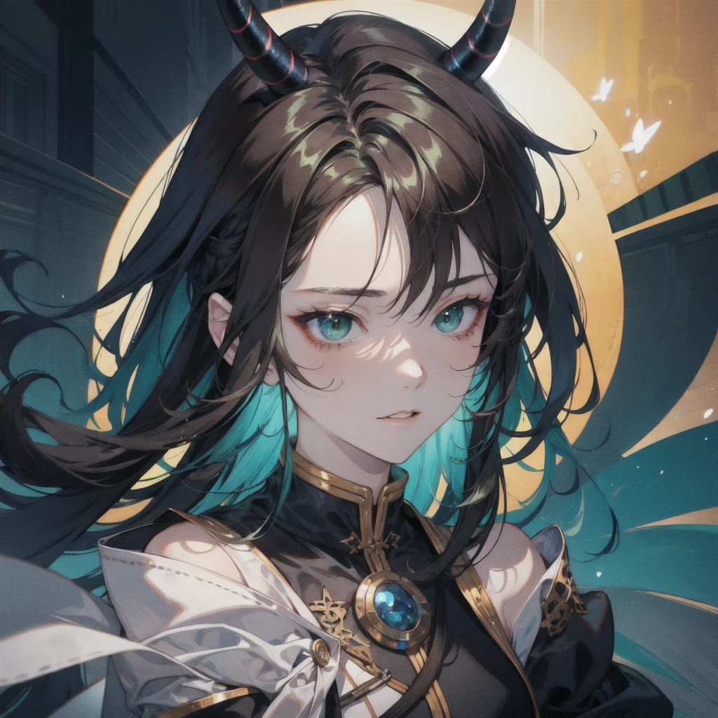 Green Eyes。Brown Skin。deep dark blue hair。 Two demon horns growing from his forehead。male。