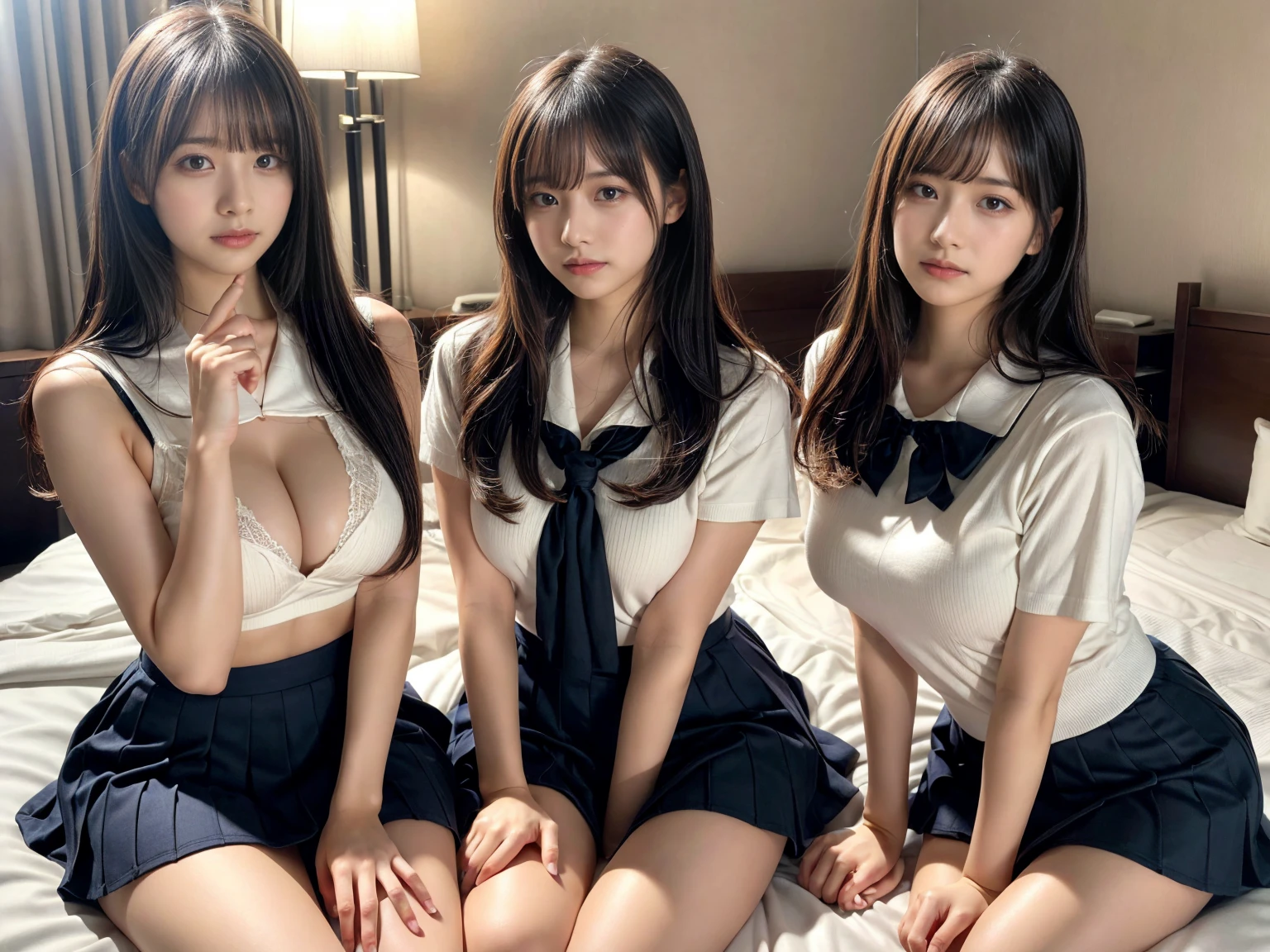 masterpiece, best quality, illustration, Super detailed, fine details, High resolution, 8K,wall paper, perfect dynamic composition,(Details High quality, realistic depiction of eyes:1.3), (3 girls), Black Sailor Uniform, serafuku, Navy pleated skirt, sitting, open legs, short bob hair, in a hotel room in the background, deep on field, large breasts, black hair color, Big Natural Color Lip, (perfect body shape), crying a little、Harajuku style、20 year old girl、cute type、beautiful legs, Gravure Idol