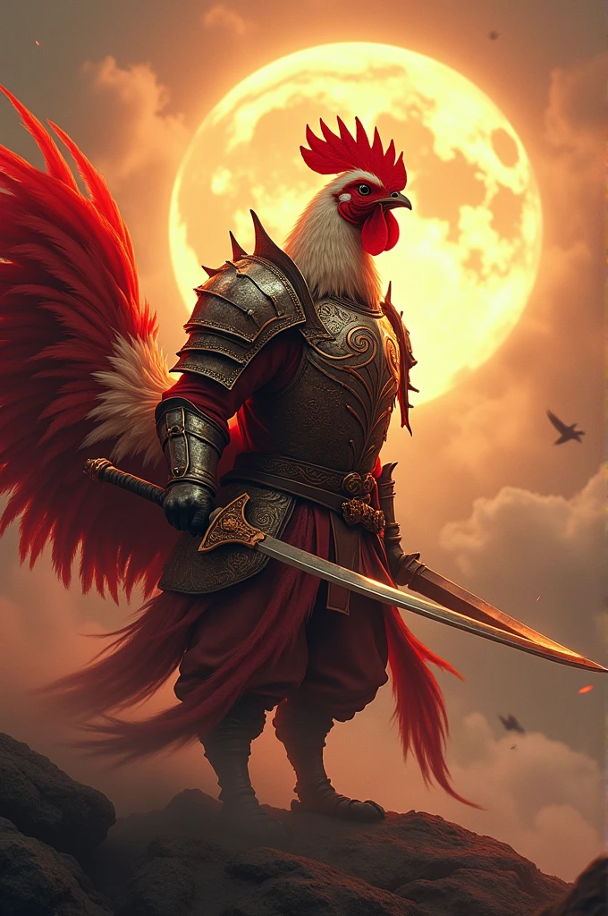 The zodiac chicken who always wears armor，Revealing the heavy breath of ancient times，Behind is the scene of destruction，There was thunder and lightning in the sky，But there is a holy dawn