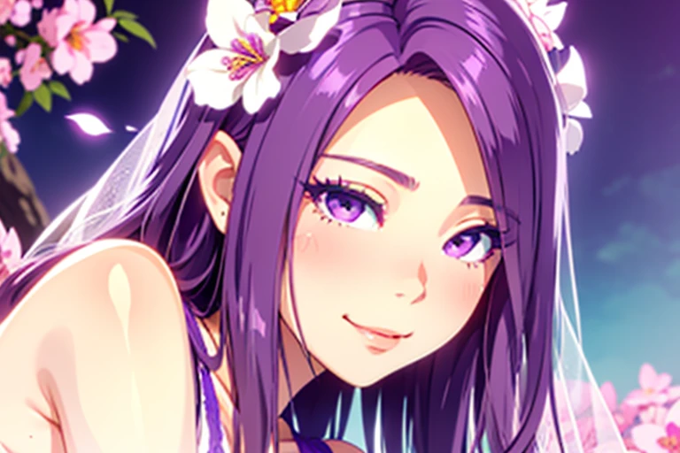 seira sodeshiro, 1 girl, soft alluring smile, sexy flowing hair, beautiful detailed eyes, beautiful detailed lips, extremely detailed eyes face and shoulders, beautiful woman, face to face photoshot, photorealistic, ultra-realistic, incredibly detailed, photo, extremely detailed, honeymoon atmosphere, veiled bride, feminine charm, purple violet blossoms fully surrounding her,
