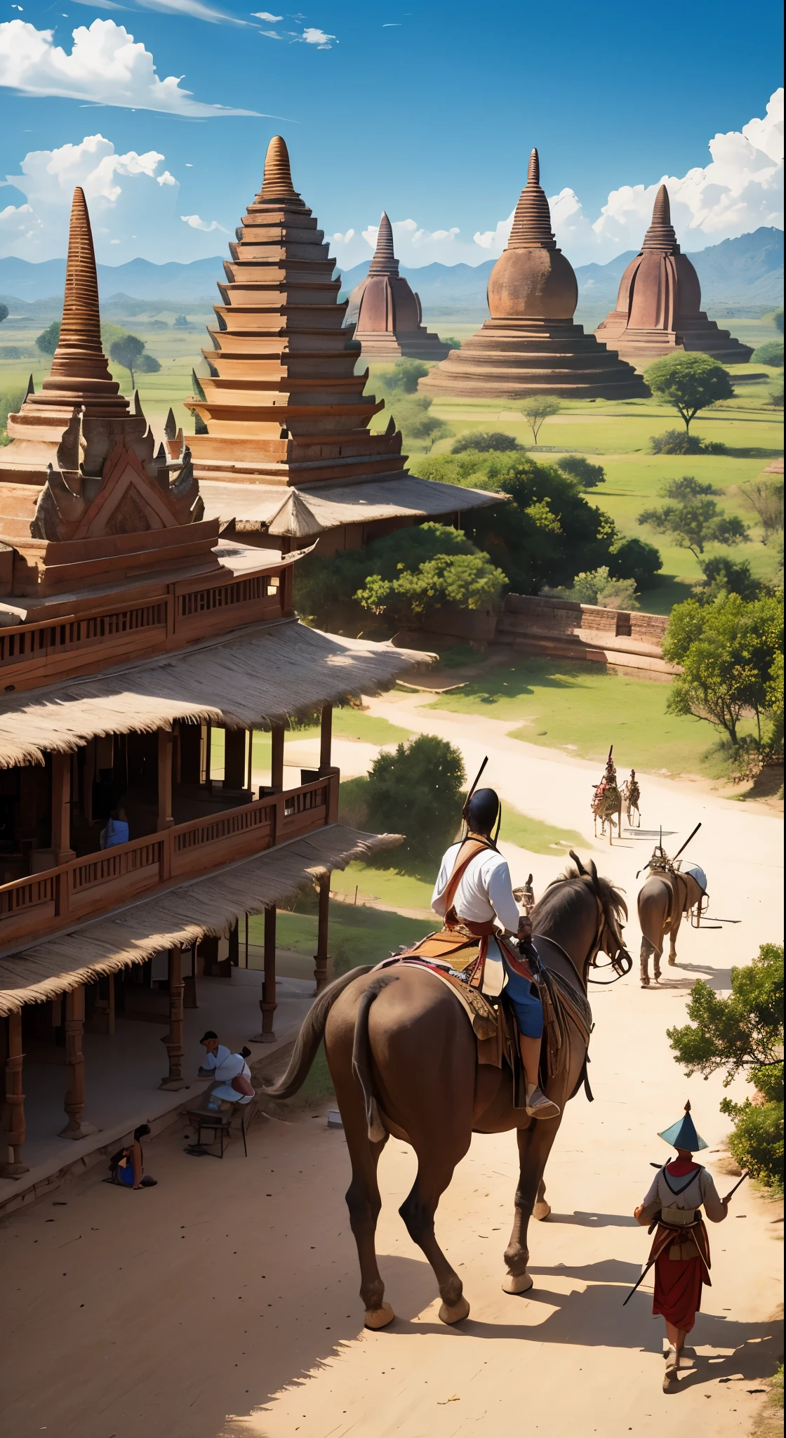 Draw a photo of ancient bagan, Hight quality, people are walking around by riding white elephant(detail), The king wandered around the palace(detail),the swordman troops, Cavalry troops,