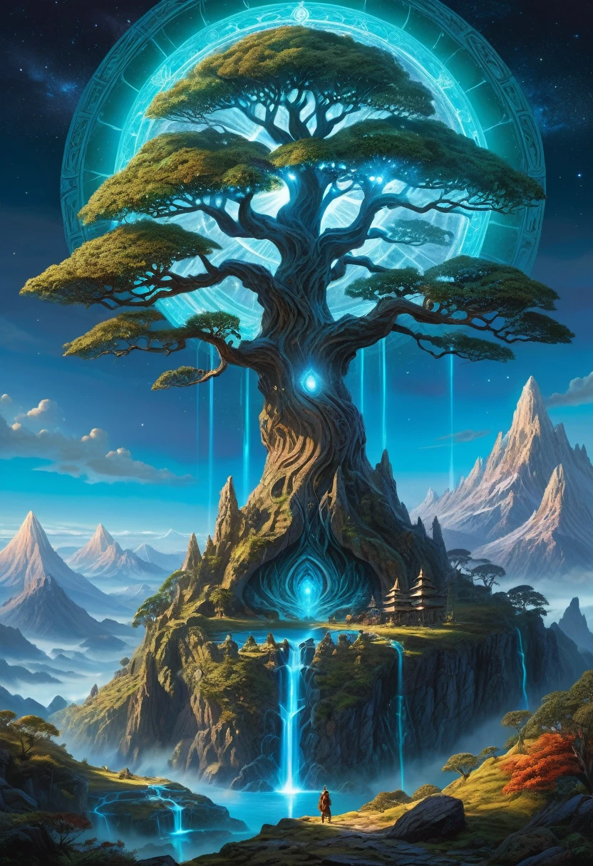 hyper detailed masterpiece, DonM3t3rn1tyXL, magical mountain with the enormous ancient Worldtree. Its should be dim and mystical, possibly glowing with an otherworldly bioluminescent light. Its pose is majestic and regal, exuding a sense of magical power and grace. Set the in an enchanting ethereal light and mystical flora surrounding it