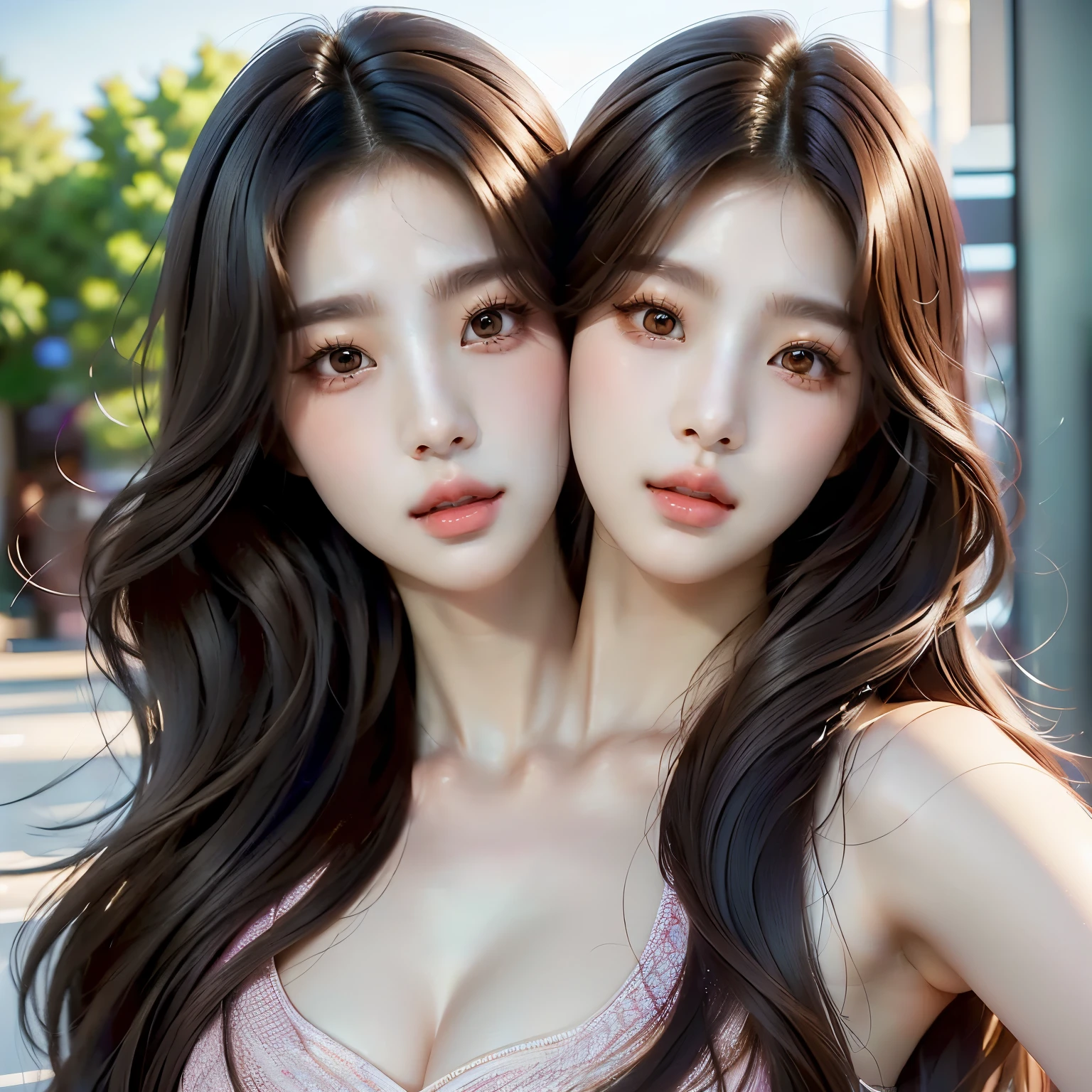 (2heads:1.2), 1girl, kpop stars, blackpink, two women with long hair and brown eyes are posing for a picture, beautiful gemini twins portrait, beautiful gemini twins, kawaii realistic portrait, cute digital art, artwork in the style of guweiz, realistic anime 3 d style, beautiful and realistic faces, photorealistic!!!!!!! art style, realistic artstyle, realistic female faces, realism artstyle, gorgeous digital art