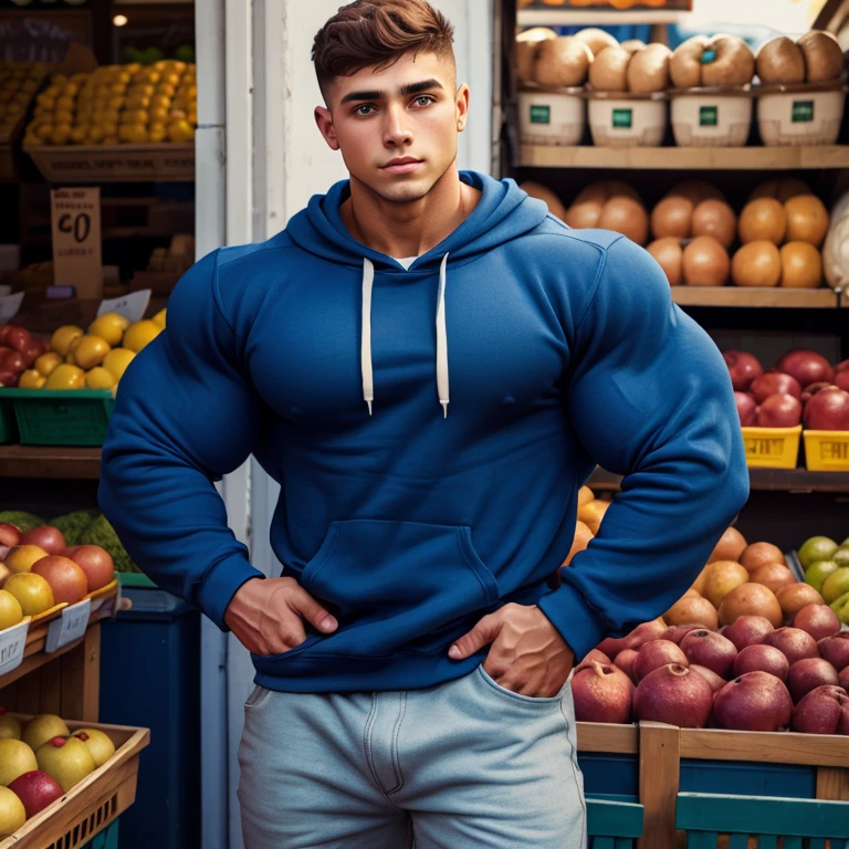 a young man, big eyes, short hair, wearing a tight simple blue sweatshirt with long sleeves, massively muscular, with massively large muscles, with his hands in his pockets, leaning against the wall of a market