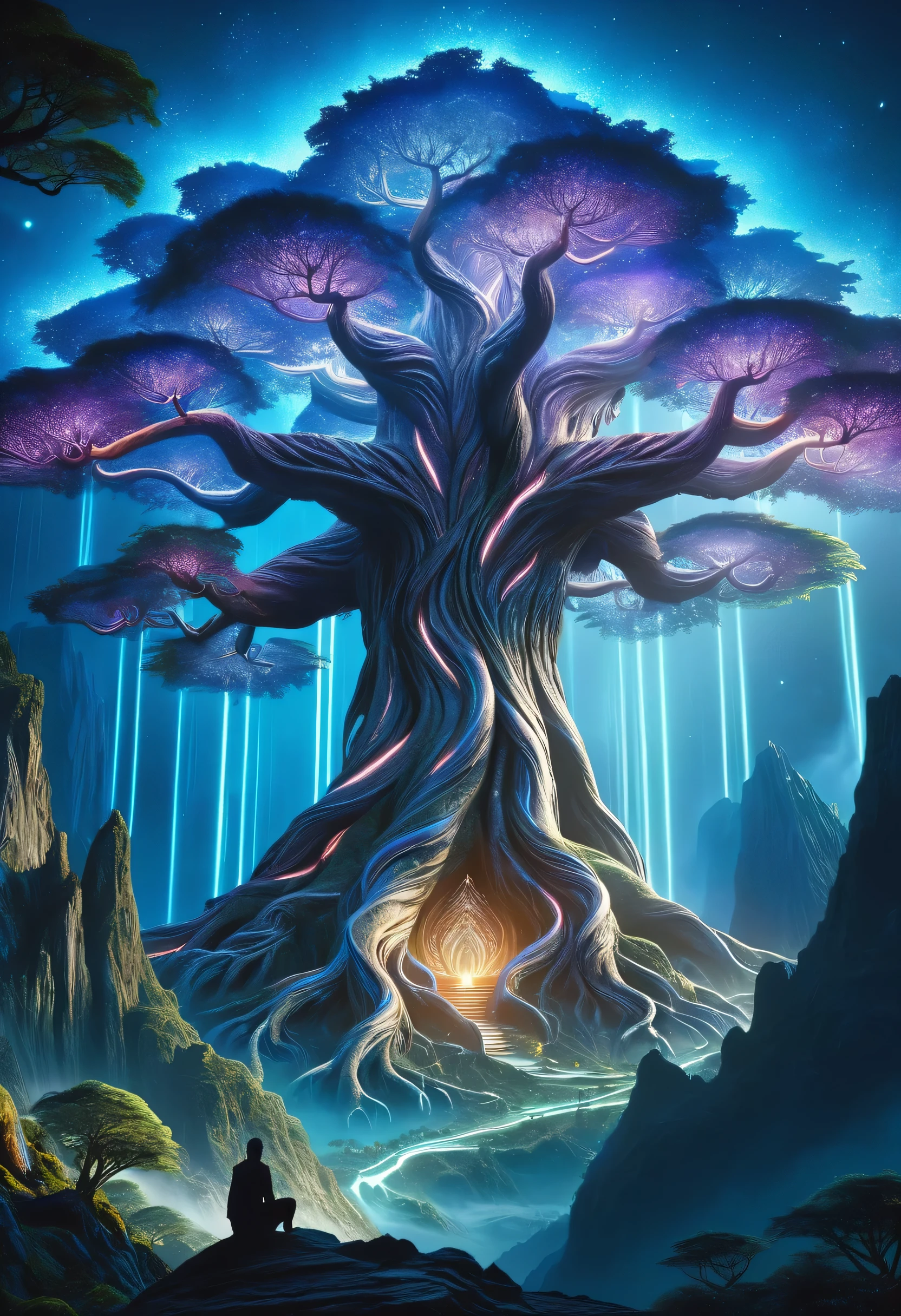 hyper detailed masterpiece, DonM3t3rn1tyXL,  magical mountain with the enormous ancient Worldtree. Its should be dim and mystical, possibly glowing with an otherworldly bioluminescent light. Its pose is majestic and regal, exuding a sense of magical power and grace. Set the in an enchanting ethereal light and mystical flora surrounding it 