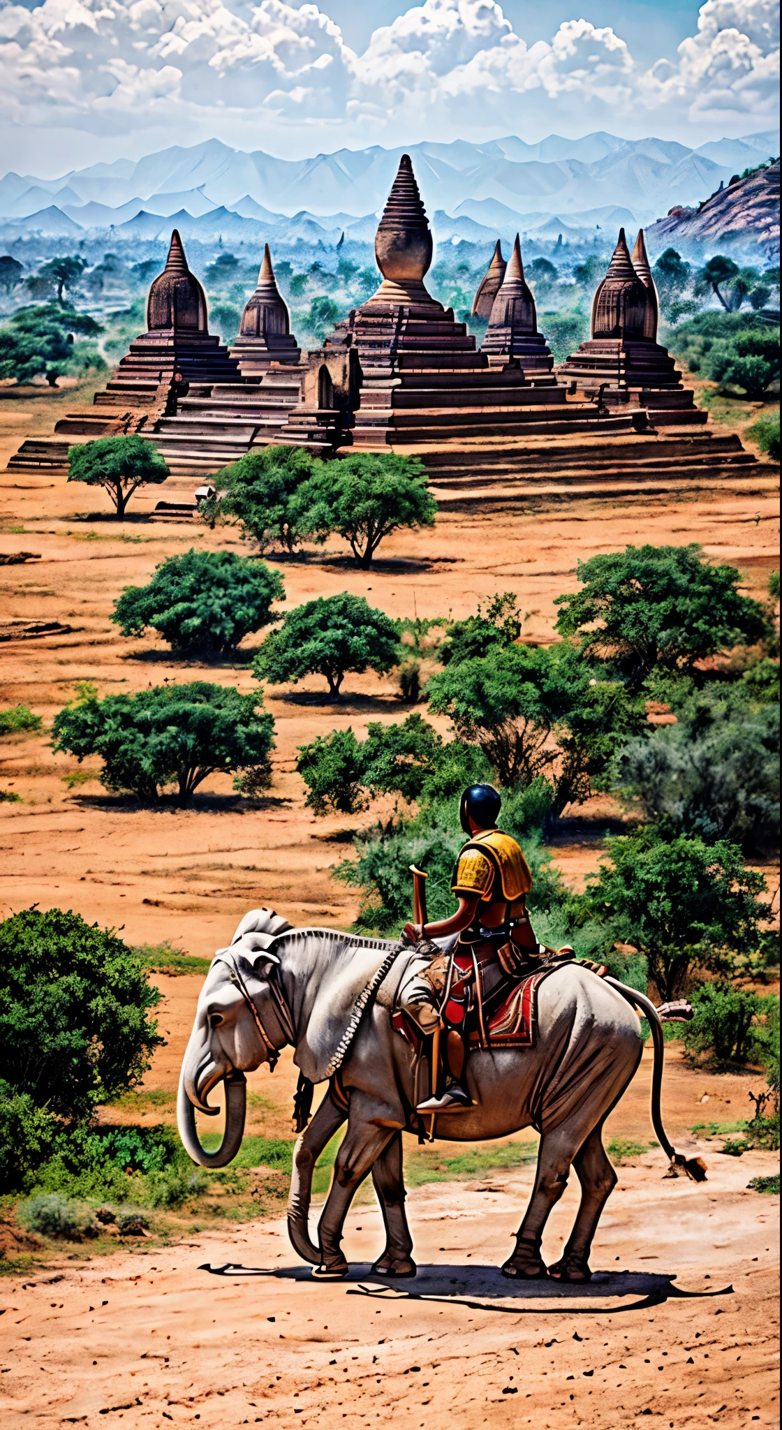 Draw a photo of ancient bagan, Hight quality, people are walking around by riding white elephant(detail), The king wandered around the palace(detail),the swordman troops, Cavalry troops,