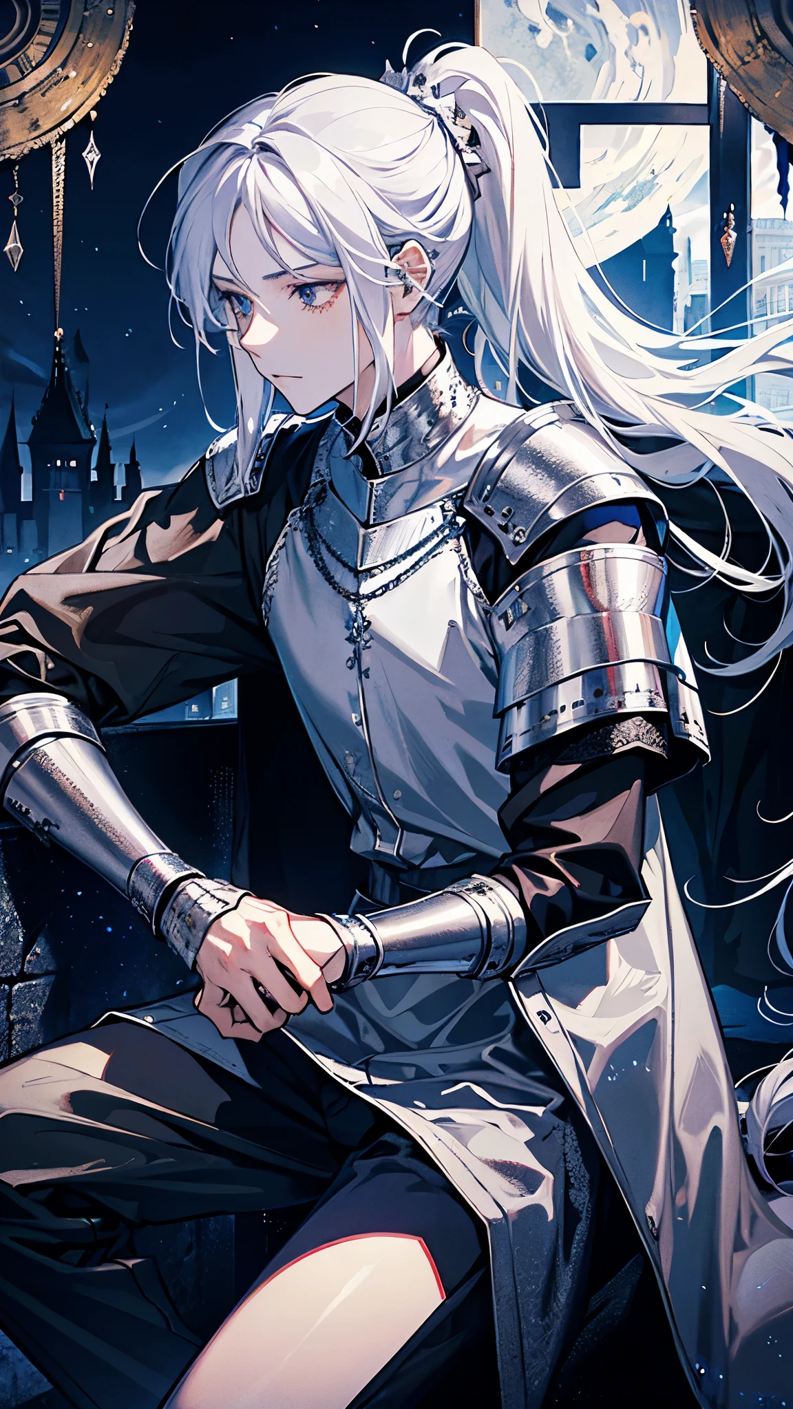 A knight around 25 years old wearing silver armor and a swordsman with long silver hair tied in a ponytail.,On one knee,I have pledged my allegiance,The background is a castle